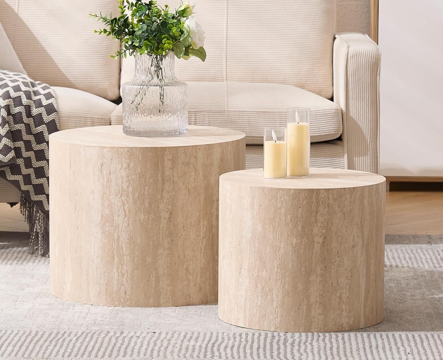 Nesting Coffee Table Set of 2 Modern Round Wood Coffee Table Circle Fluted End Tables Accent Tables for Small Space