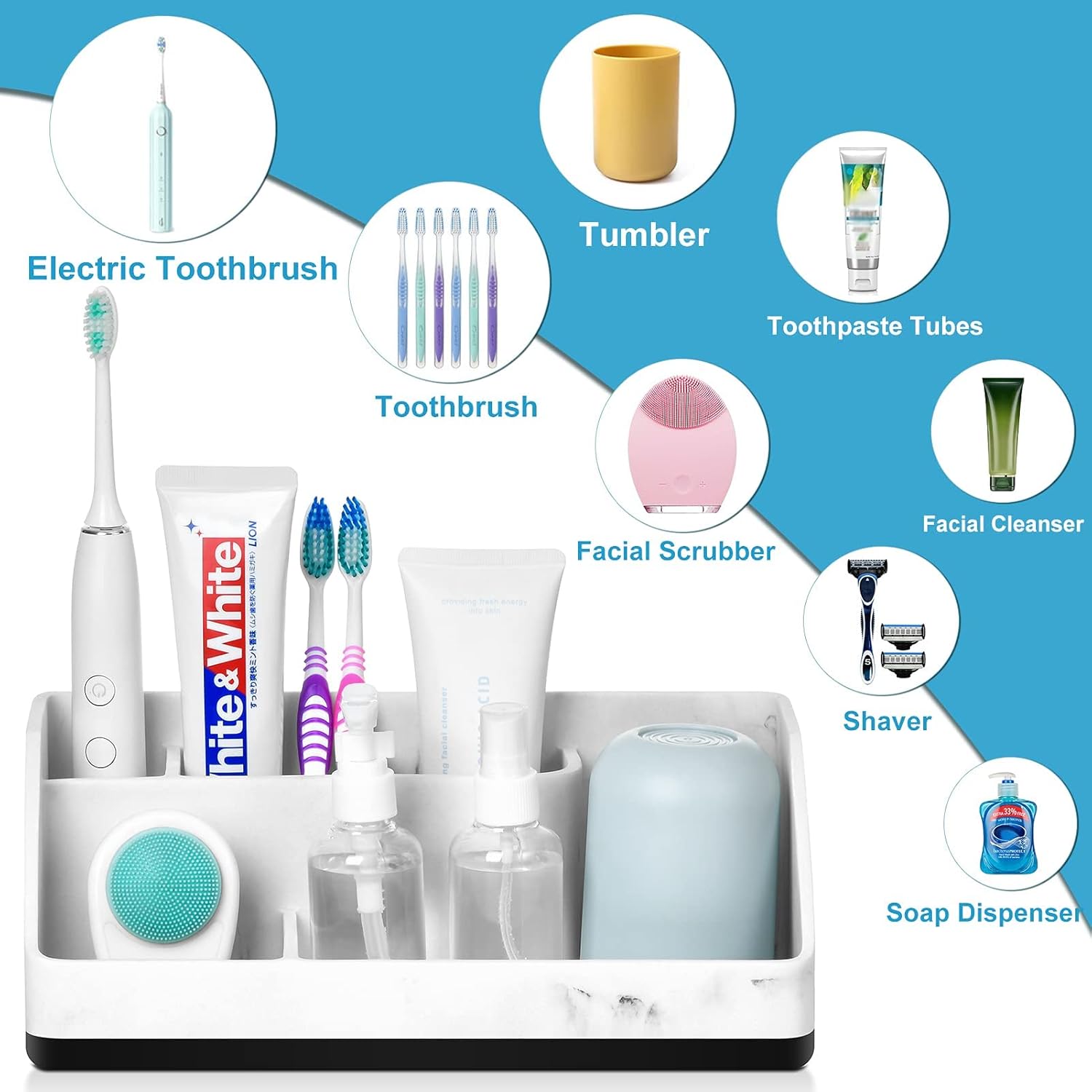 Toothbrush Holder for Bathroom, Bathroom Organizer Countertop, Bathroom Accessories with 5 Compartment Storage for Toothpaste/Vanity Counter