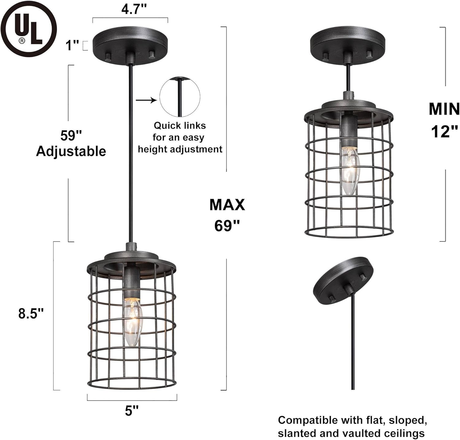 Farmhouse Cage Pendant Light Fixtures, Rustic Industrial Hanging Pendant Lighting with Brushed Finish