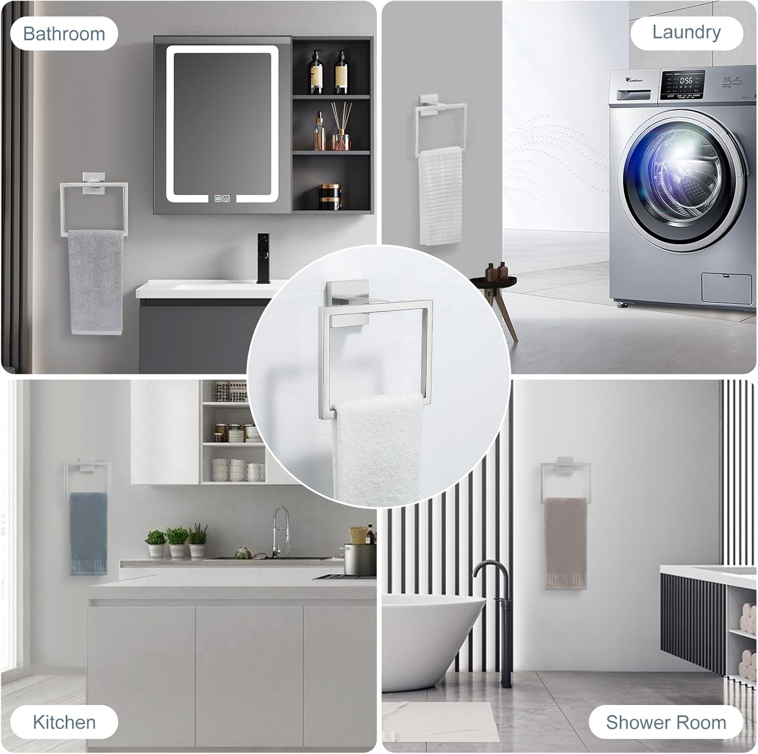 Towel Holder Bathroom Towel Ring, Brushed Nickel Hand Towel Bar, Stainless Steel Towel Rack Wall Mounted, Square Towel Hanger for Kitchen Lavatory