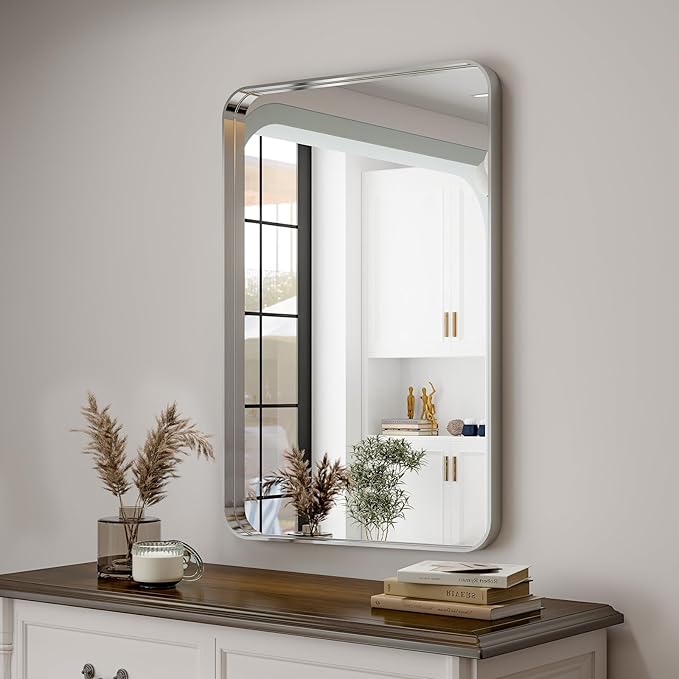 Silver Bathroom Mirror for Wall, 30x22 Inch Rectangular Aluminum Alloy Framed Mirror, Modern Wall Mounted Vanity Mirror