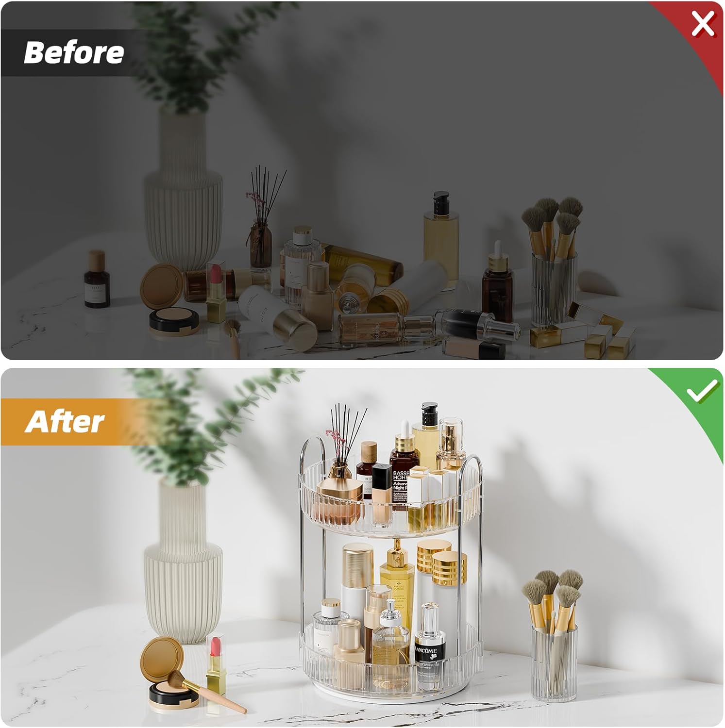 Rotating Makeup Organizer Countertop for Vanity, 2-Tier Large Skincare Perfume Organizer for Dresser, Clear Bathroom Cosmetic Display Cases for Skin Care/Lotion/Lipstick, Plastic