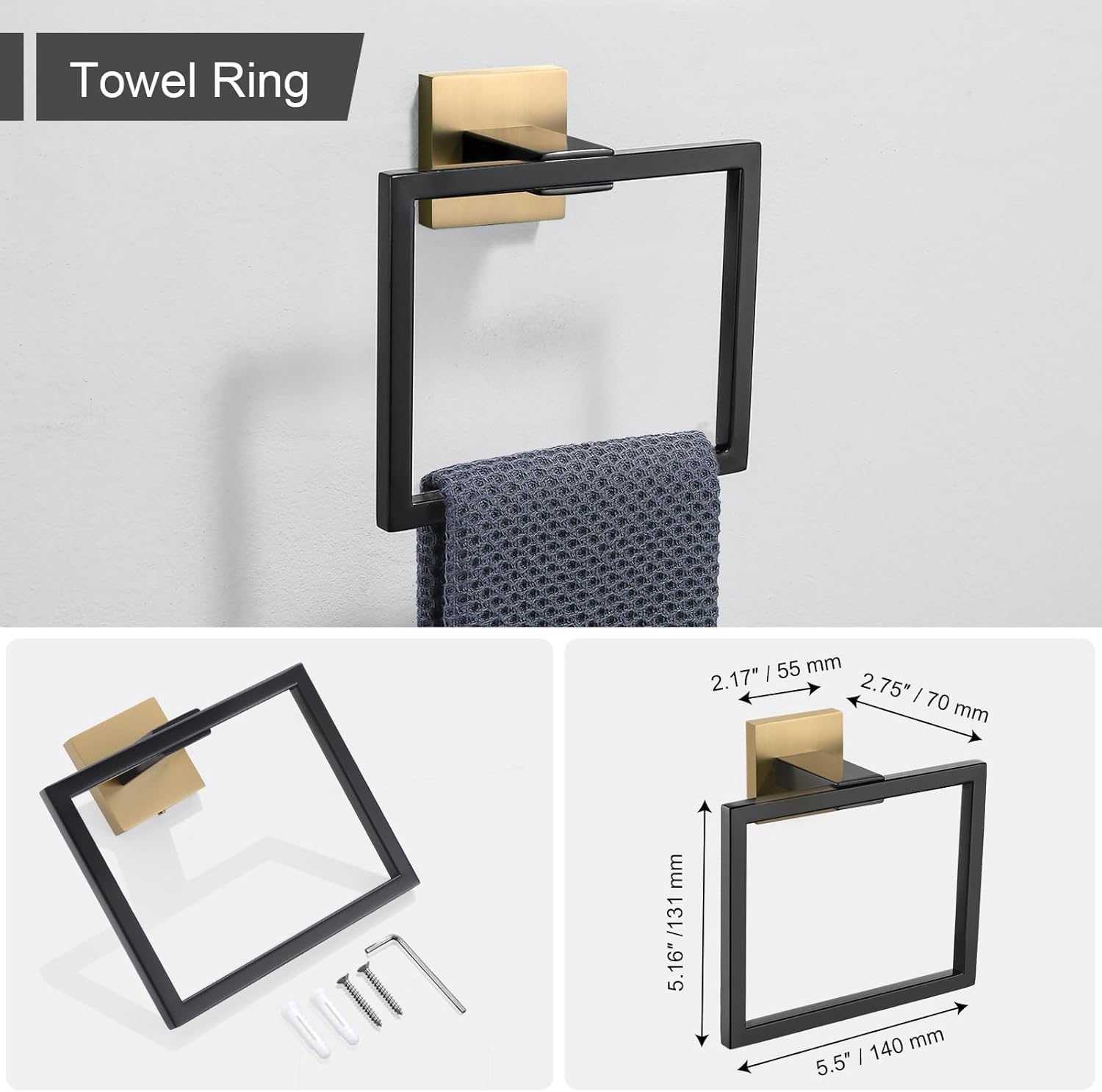 Towel Holder & Toilet Paper Holder Black & Gold, Bathroom Hardware Set, Stainless Steel Hand Towel Ring Bar, Wall Mounted Towel Hanger Tissue Roll Holder for Kitchen Lavatory 2 Pcs