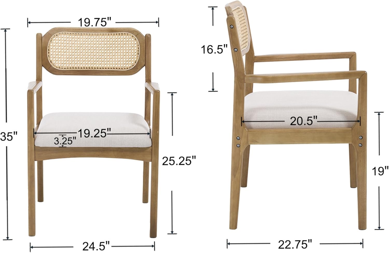 Modern Mid Century Wood Dining Room Chairs with Cane Back Upholstered Linen Kitchen Side Chairs