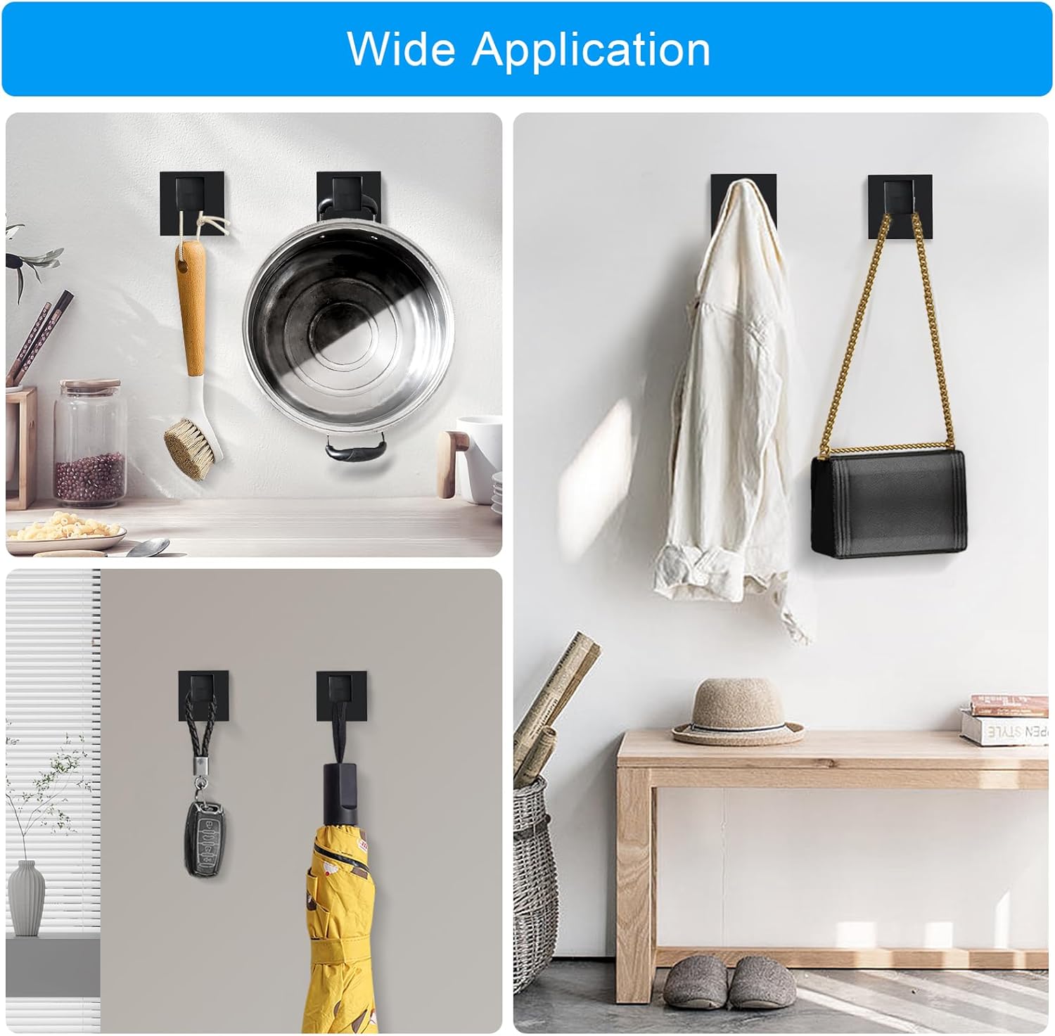 Towel Hooks Black, 2 Pieces Robe Coat and Clothes Hooks Hanger, Stainless Steel Heavy Duty Wall Hooks for Bathroom Kitchen Bedroom