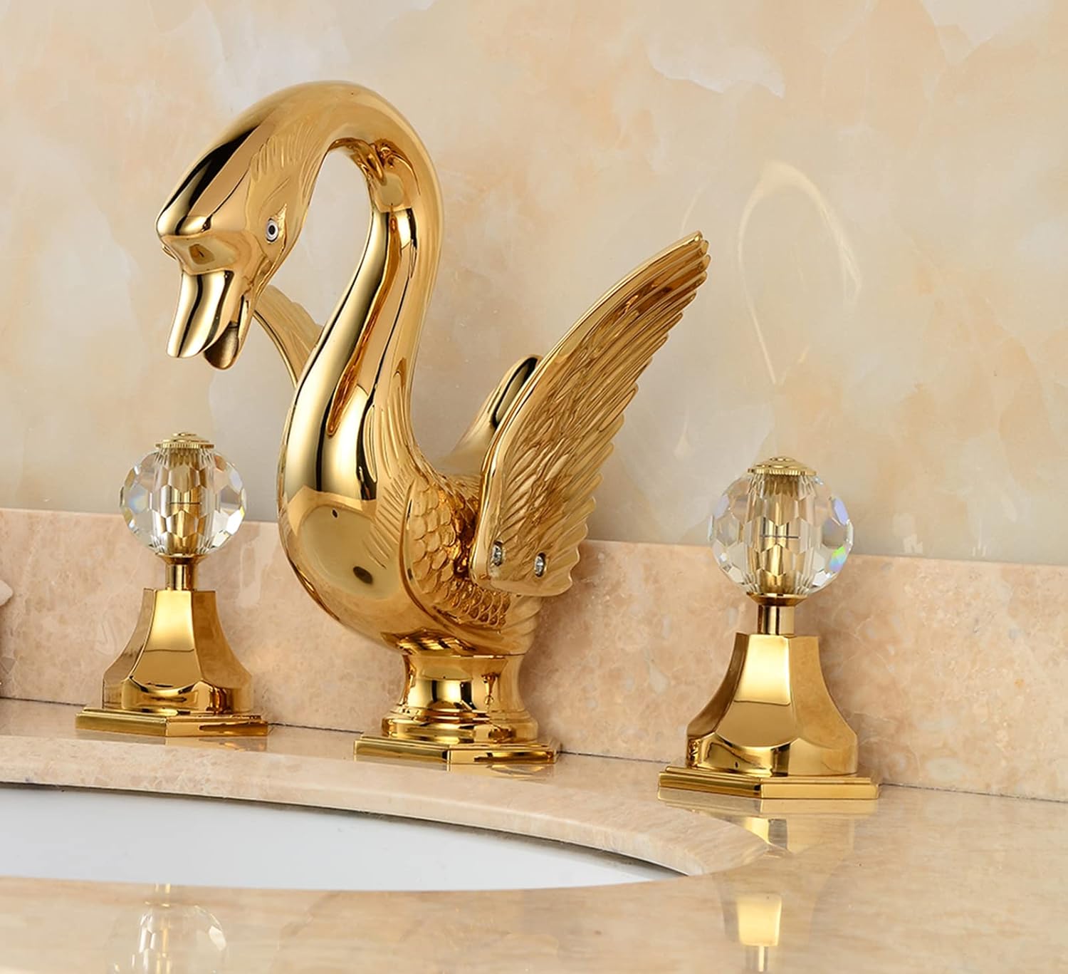 Widespread Bathroom Faucet Swan Design Gold Two Handles 3 Holes 8-16 Inch Bathroom Sink Faucet Lavatory Mixer Tap with Water Supply Hose Deck Mount Bathtub