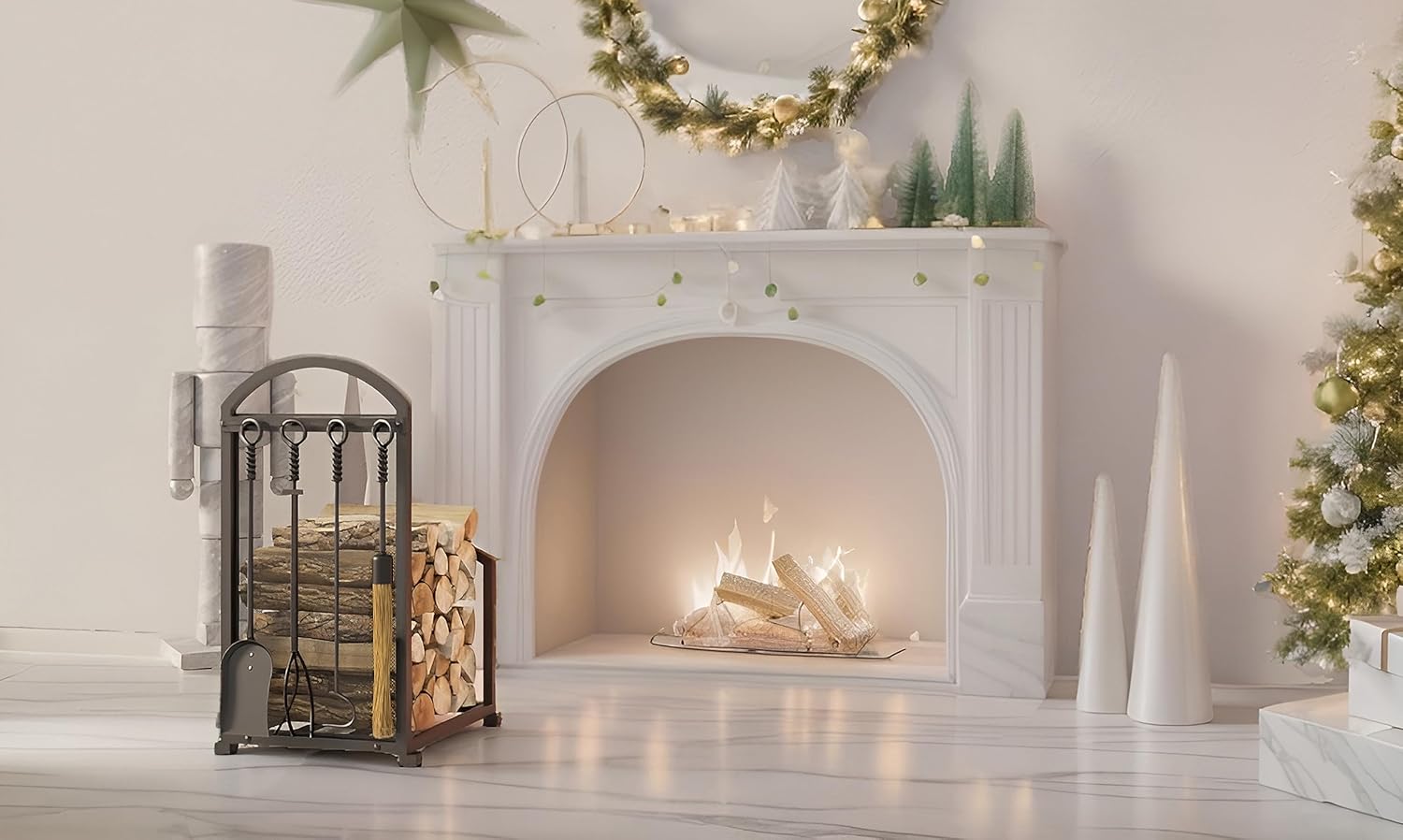 Fireplace Log holder with Fireplace Tools, Wrought Iron Indoor Stove Accessories Firewood Rack Holder Lumber Storage Stacking Log Holder