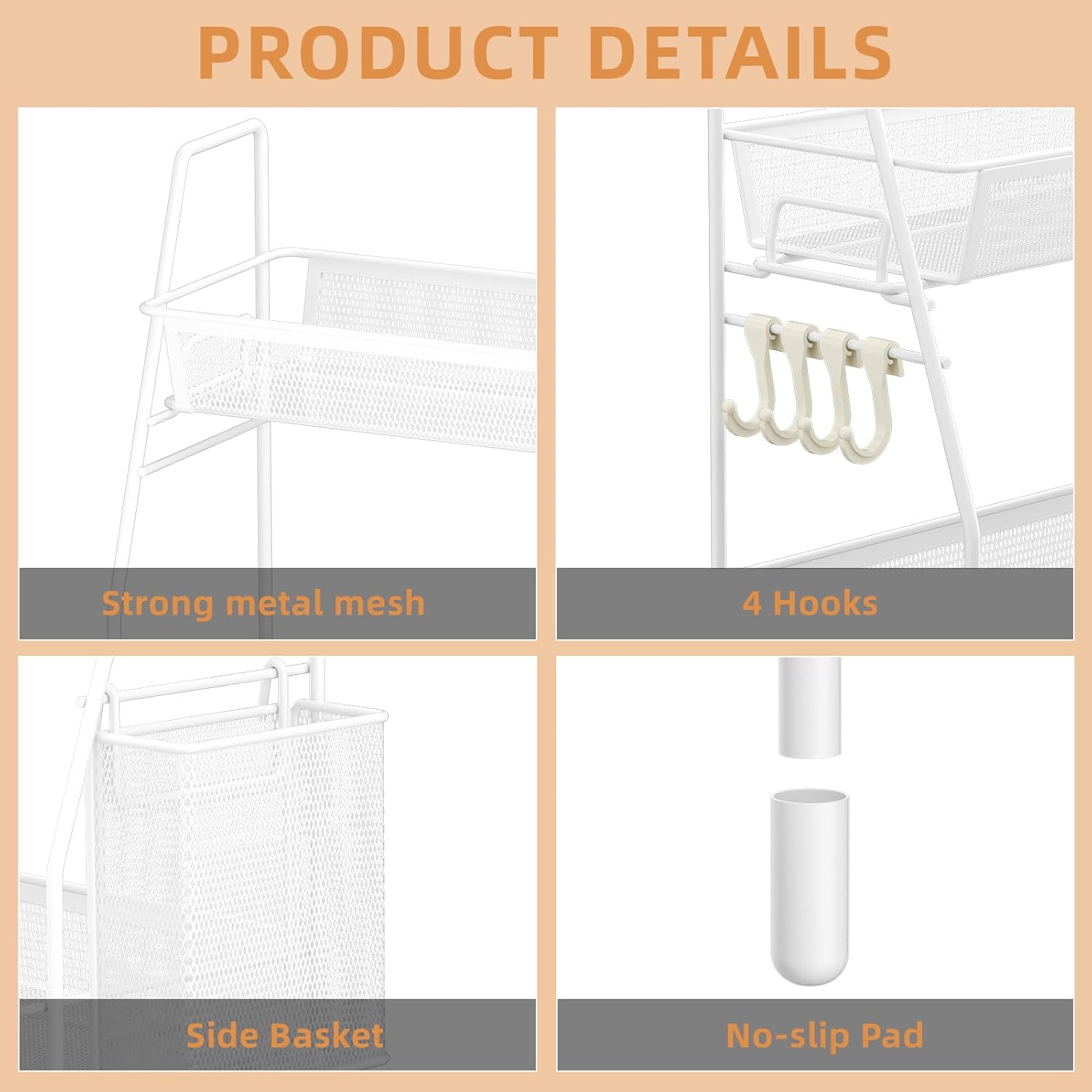 2-Tier Bathroom Organizer Countertop, Metal Wire Mesh Bathroom Counter Organizer Storage with Basket Hooks, Vanity Tray Shelf, Kitchen Spice Rack, White