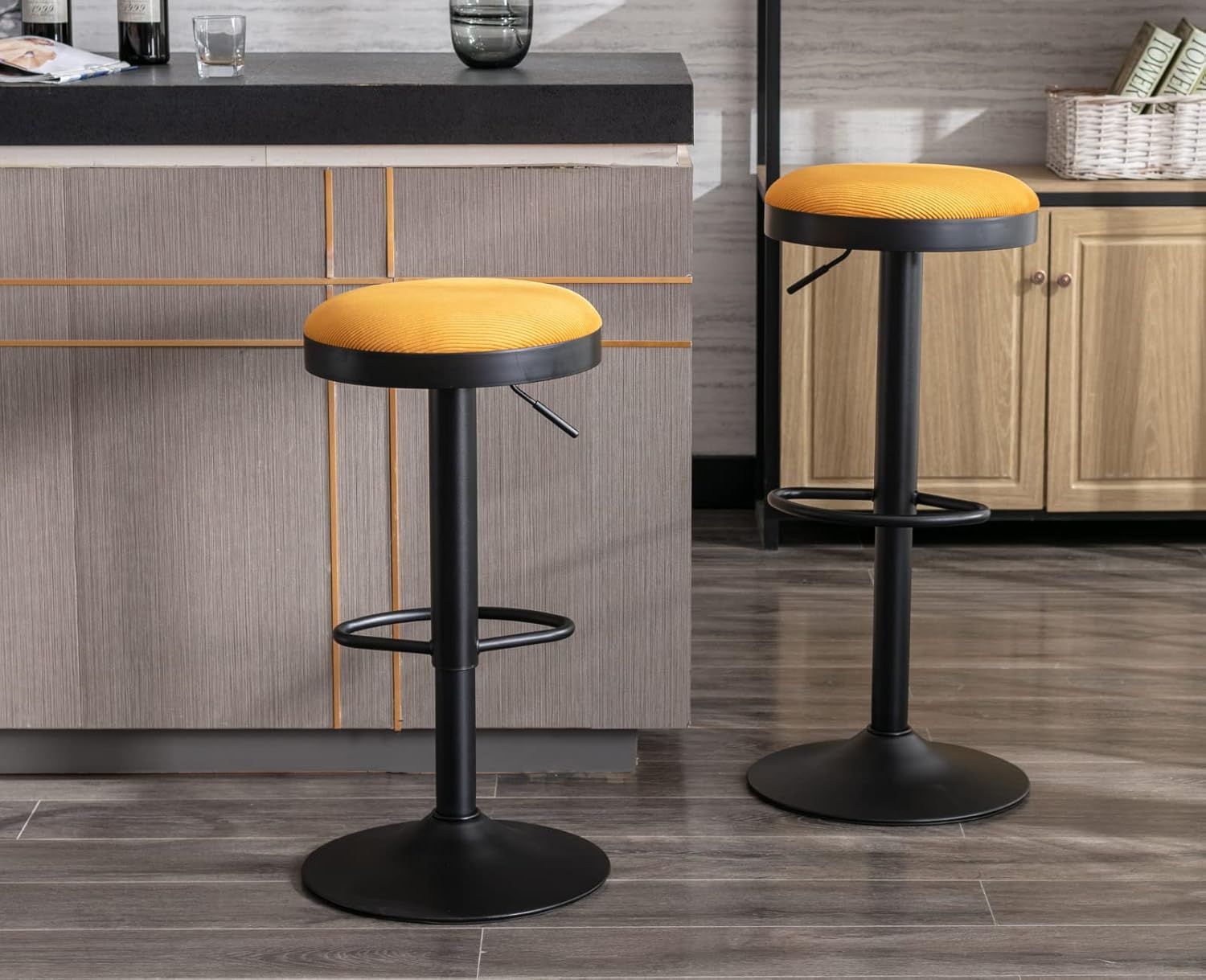 Modern Swivel Bar Stools Set of 3 Adjustable Counter Height Backless Barstools with Metal Base Fabric Upholstered Round Bar Stool Chairs