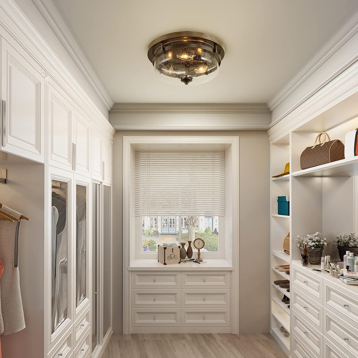 Flush Mount Ceiling Light, Farmhouse Light Fixtures Ceiling with Faux Wood Finish and Seeded Glass Cover