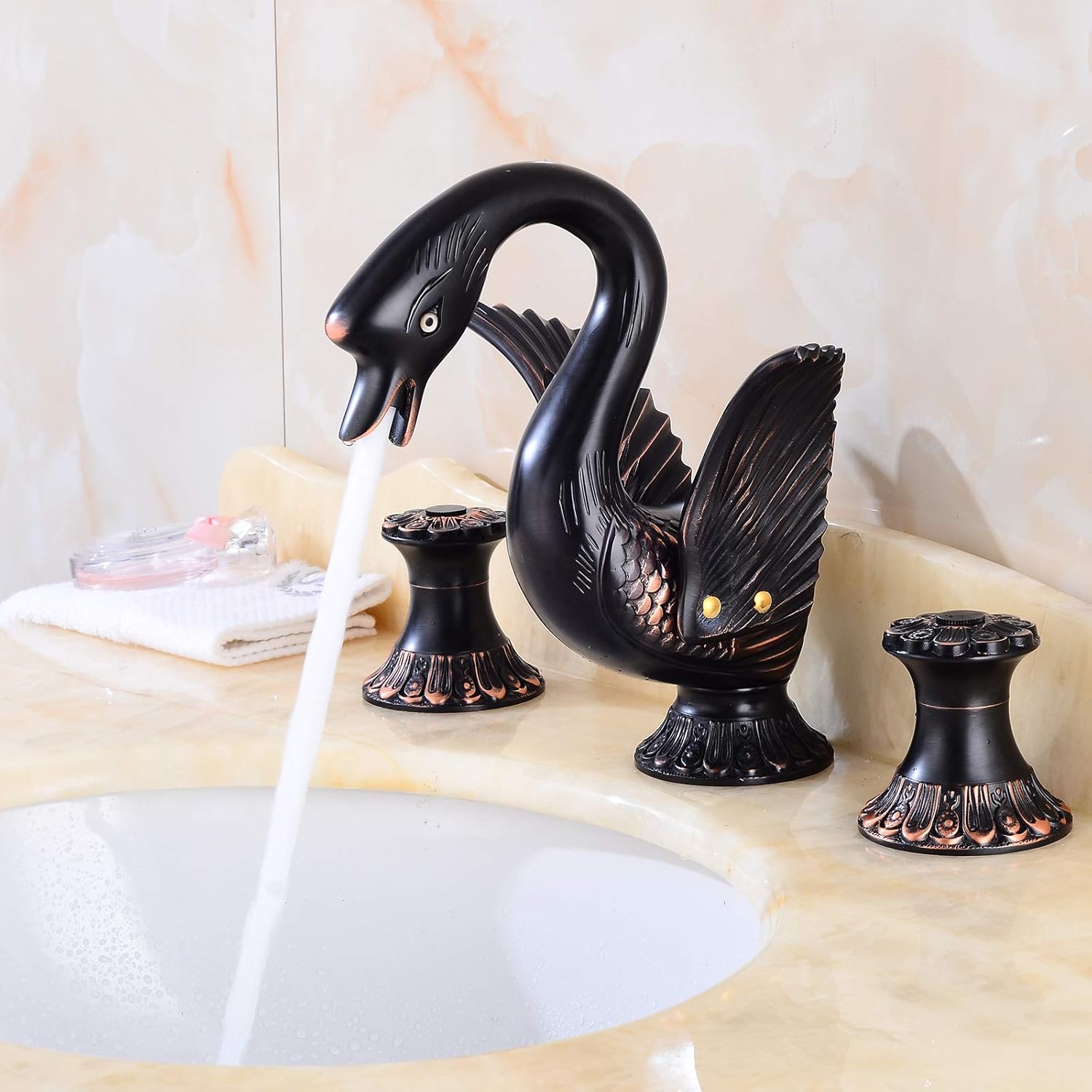 Swan Widespread Bathroom Faucet Oil Rubbed Bronze Two Handles 3 Holes 8-16 Inch Bathroom Sink Faucet Lavatory Mixer Tap with Water Supply Hose Luxury Commercial
