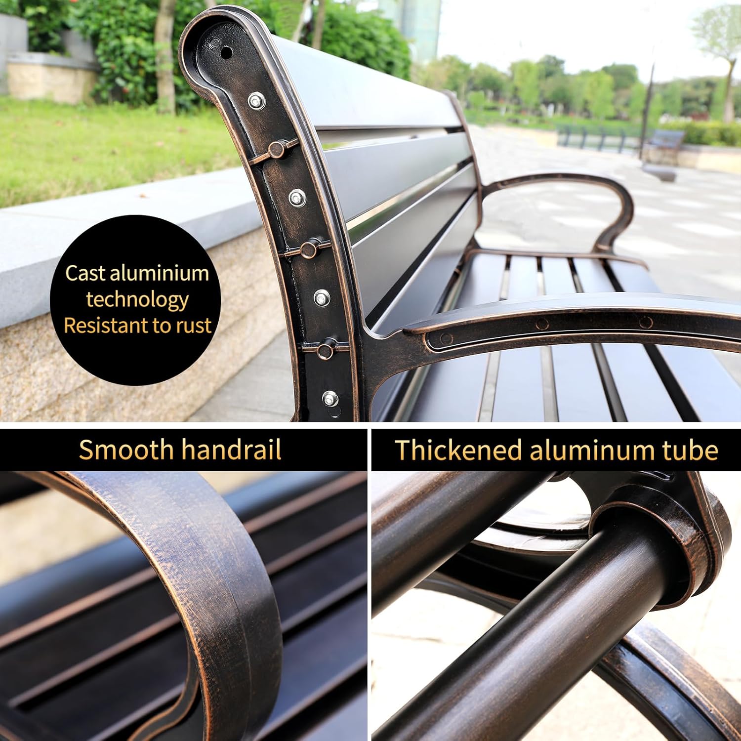 59" Cast Aluminum Garden Park Bench with Backrest Armrests Plastic Wood Patio Bench
