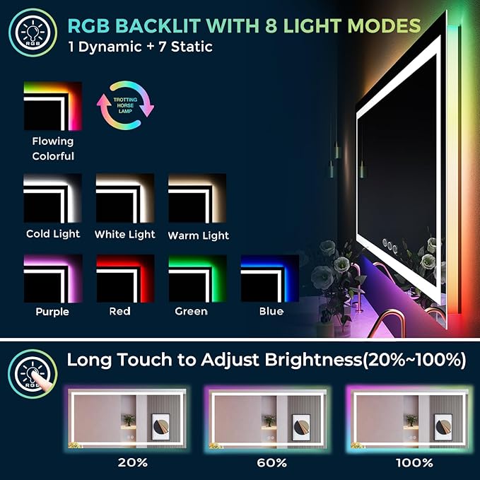 60x36 Inch RGB LED Bathroom Mirror Front Light and RGB Backlit Lighted Vanity Mirror