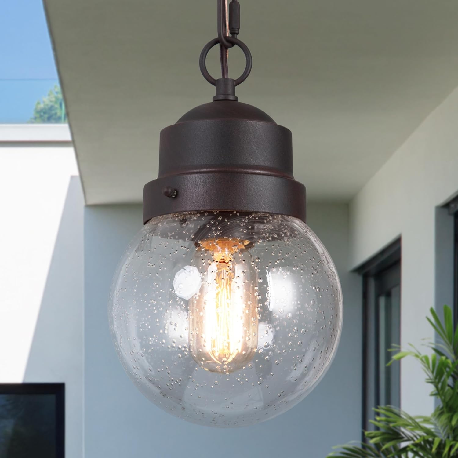 Farmhouse Exterior Lights with Adjustable Chain, Anti-Rust Outdoor Light with Seeded Glass, Hanging Light for Front Door