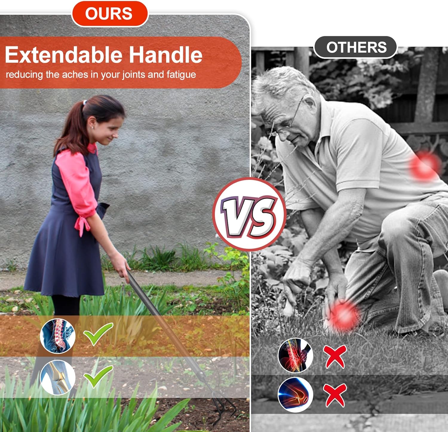 Garden Tools Set with Extension Handles, 5 Piece Thick Gardening Hand Tools, Heavy Duty Steel Rust-Proof Weeding Planting Tool