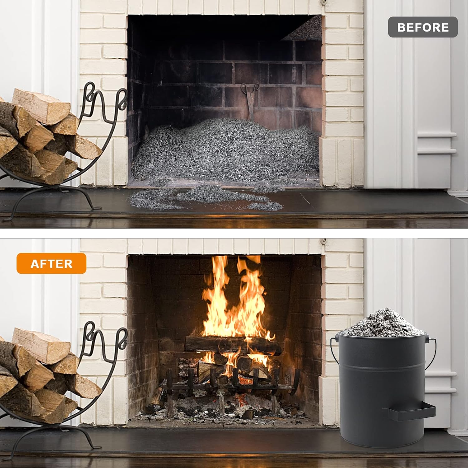 Ash Bucket with Lid and Shovel, 4 Gallon Fireplace Bucket for Ashes, Metal Bucket Includes Hand Broom and Gloves