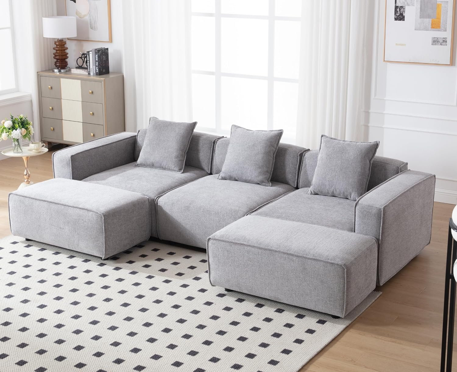 Oversized Modular Sectional Sofa Couch U Shaped Sleeper Couch with Ottoman Chenille Upholstered Deep Seat Couch Modern 3-Seater Convertible Sofa