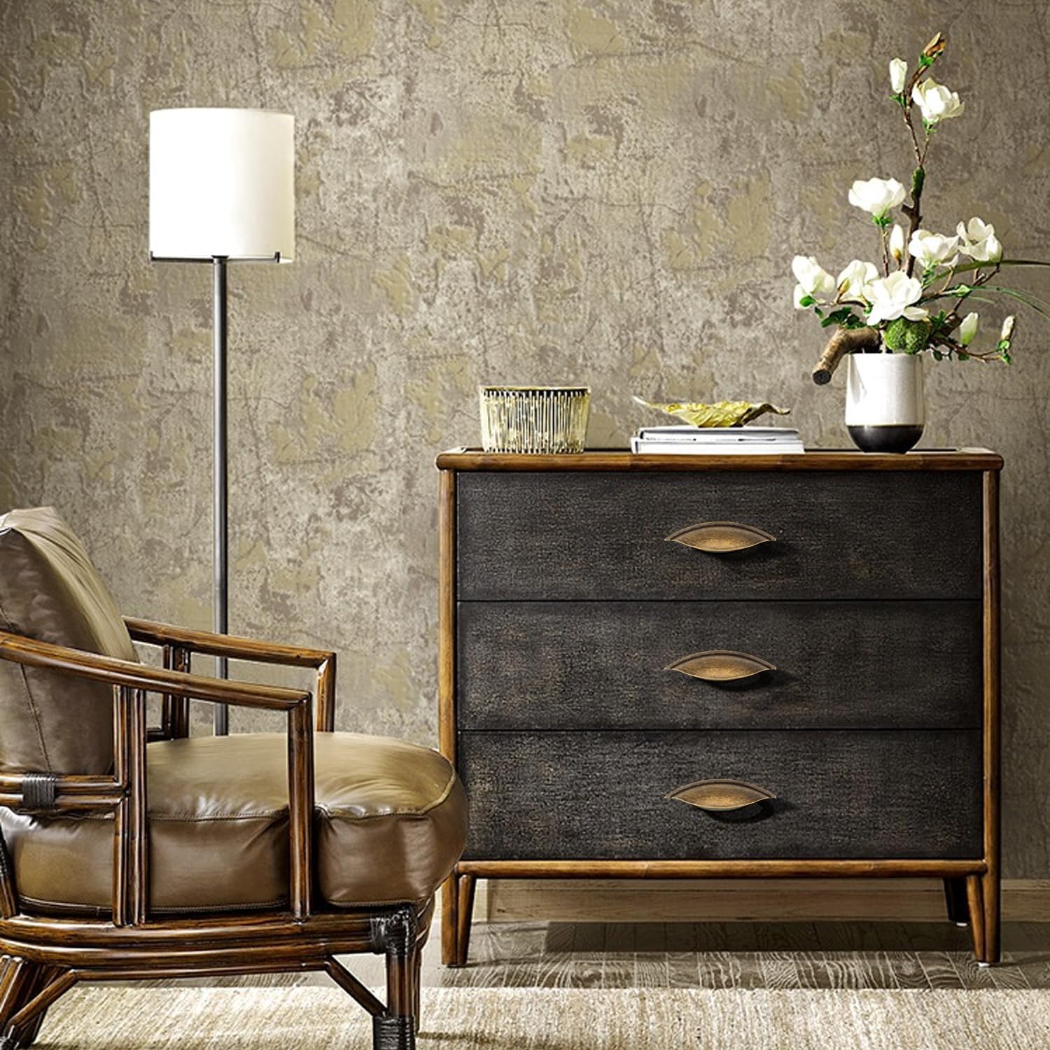 6 Pack Bin Cup Drawer Pull, Antique Brass Cabinet Handles, 2-1/2-Inch Screw Spacing for Kitchen Drawer Dresser Cupboard, 5-1/8-Inch Total Length