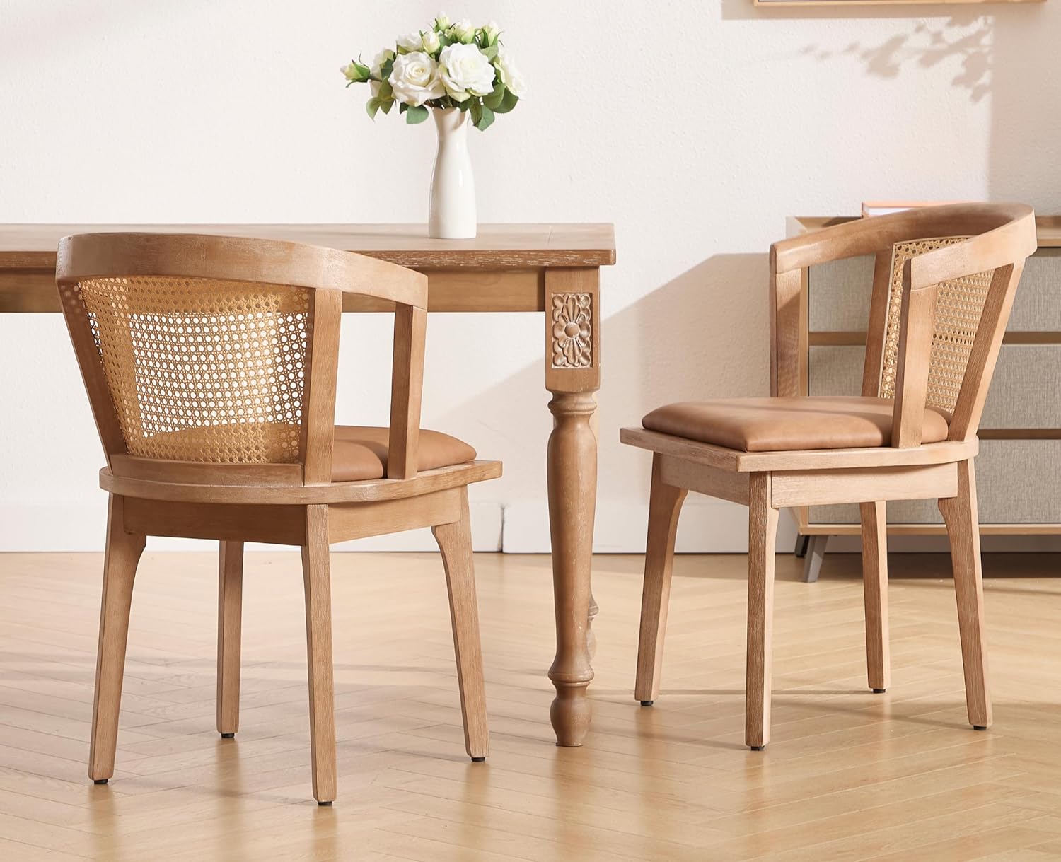 Modern Farmhouse Wooden Dining Room Chairs with Cane Curved Back Leather Upholstered Comfortable Kitchen Side Chairs for Restaurant