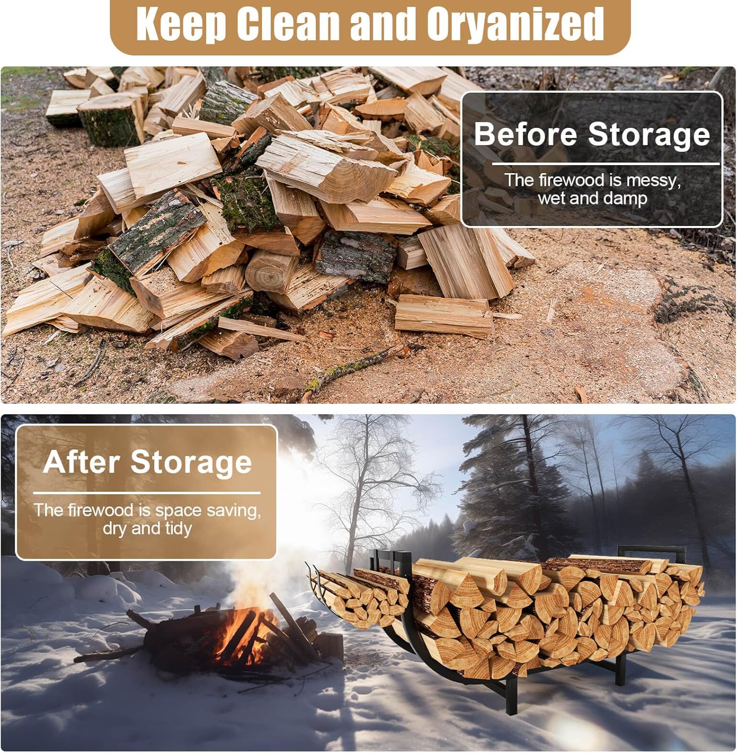 35 Inch Firewood Rack Indoor Outdoor with Firewood Carrier, Metal Small Indoor Wood Rack,Heavy Duty Firewood Holder with Kindling Hooks, Sturdy Fireplace Log Holder