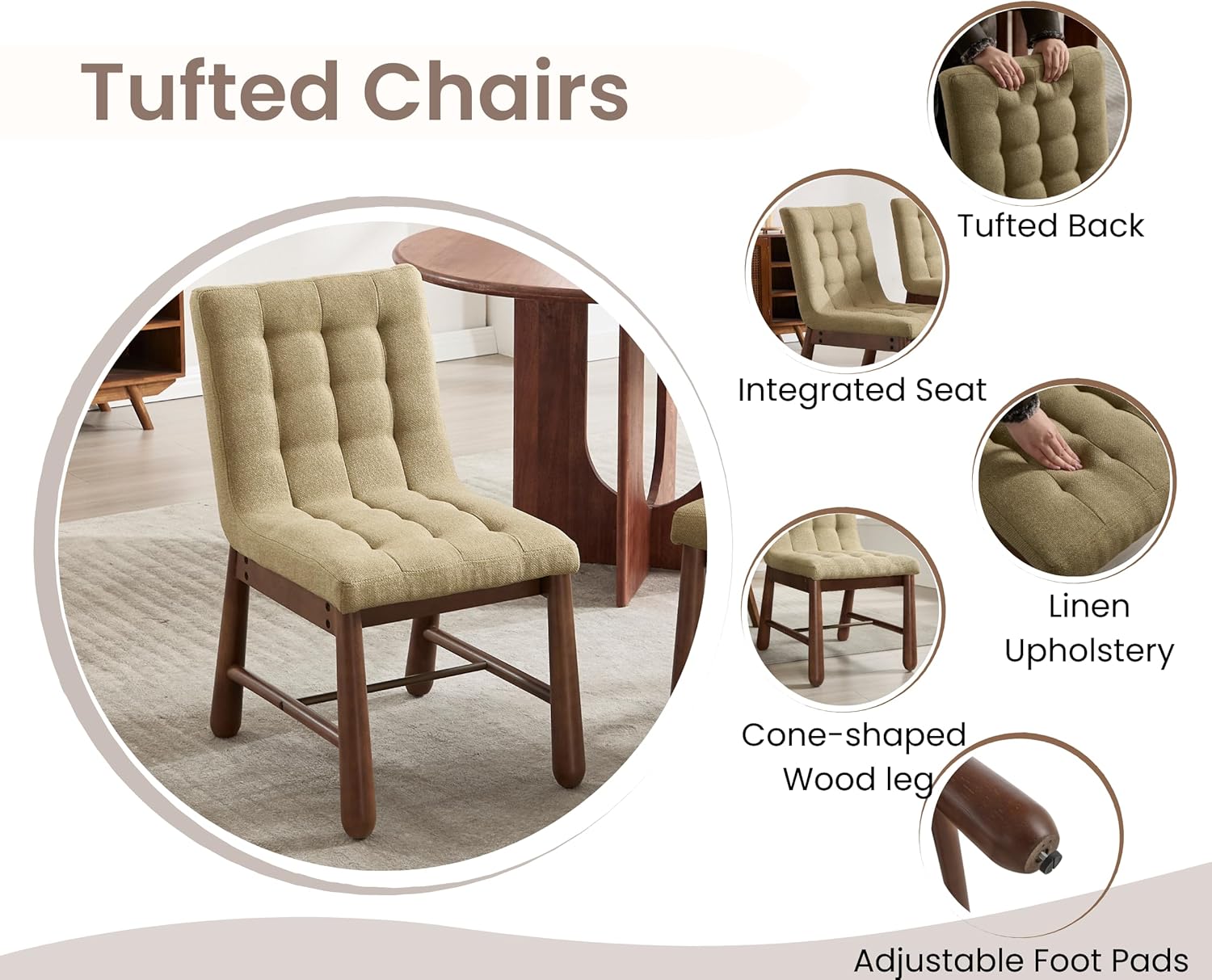 Upholstered Tufted Dining Chairs Set of 4 Mid Century Modern Fabric Kitchen Chairs with Walnut Wood Legs/Comfy Linen Backs Armless Accent Side Chair