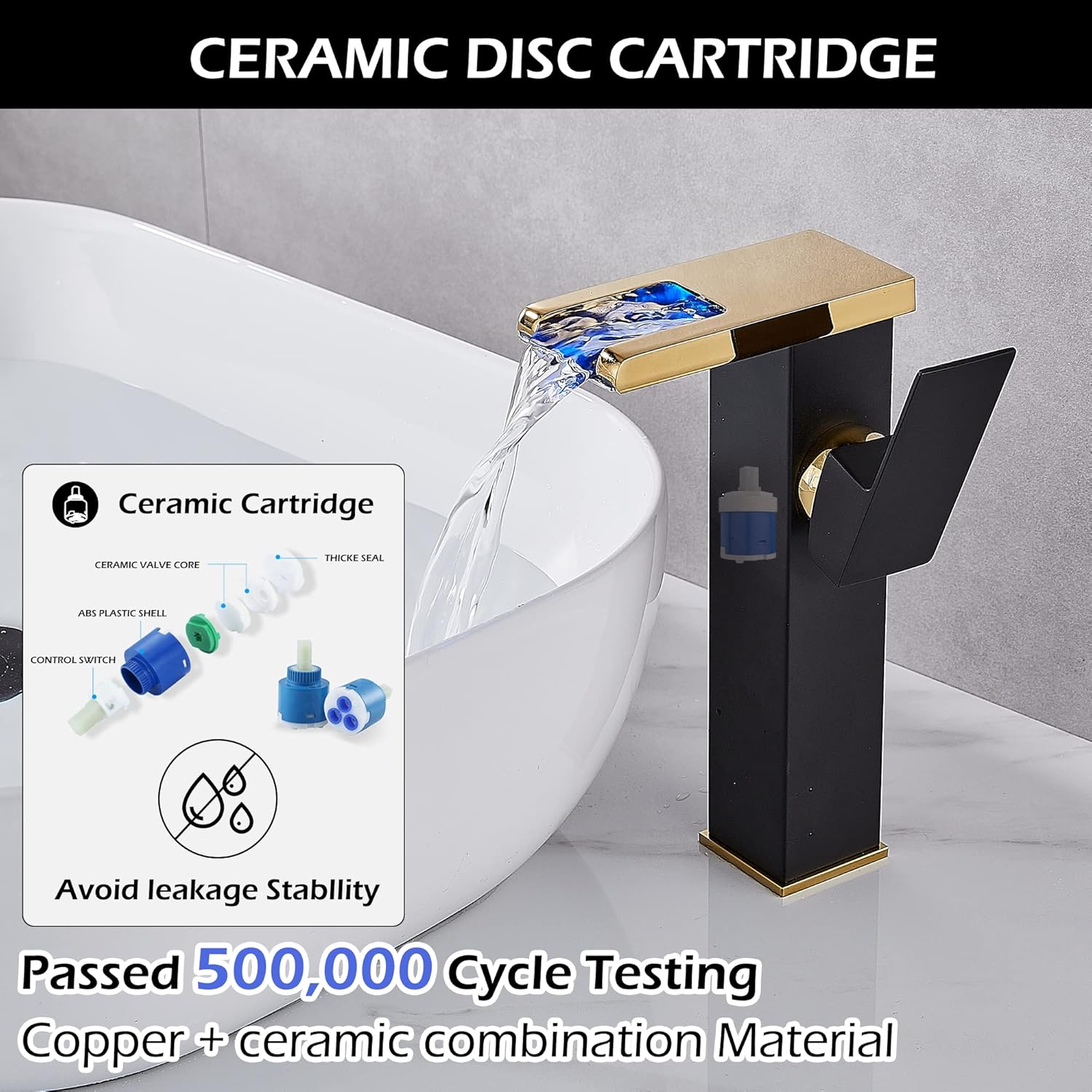 Vessel Sink Faucet Waterfall Gold Black Lavatory Single Hole with Pop Up Drain Without Overflow and Supply Lines Bathroom Faucets Bowl Sink One Handle Faucets Bath Tap Lead-Free