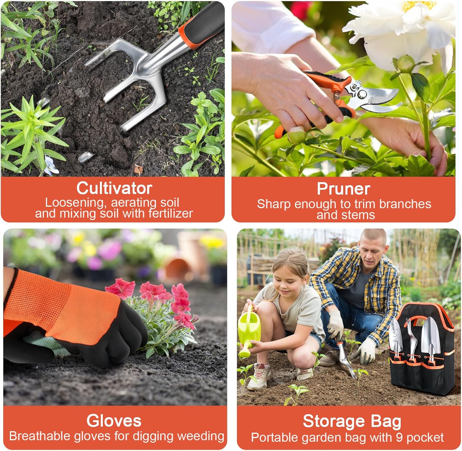 8 Piece Gardening Tools Set with Non Slip Ergonomic Handle, Heavy Duty Garden Tool Set with Storage Bag