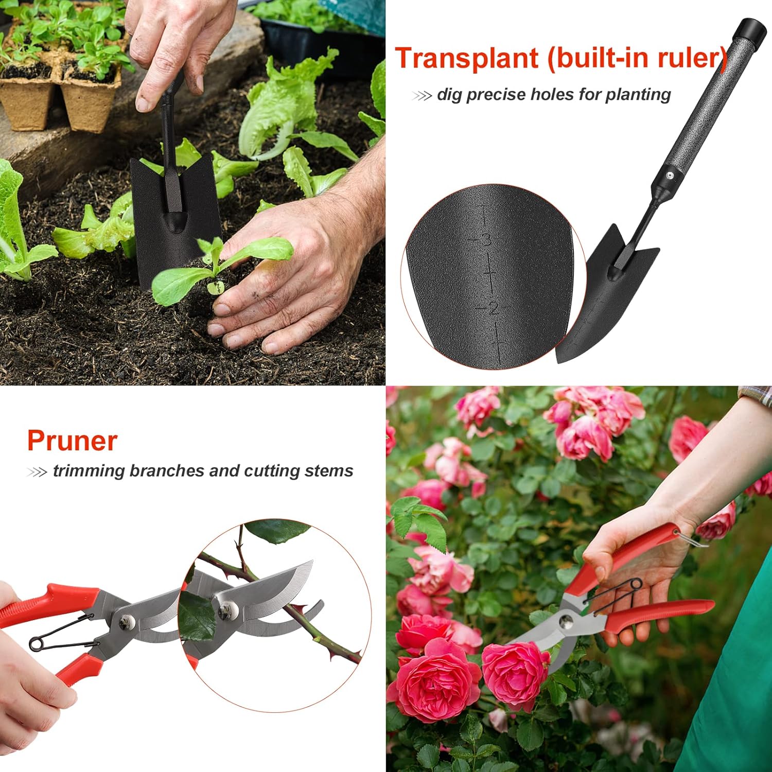 Garden Tools Set with Extension Handles, 5 Piece Thick Gardening Hand Tools, Heavy Duty Steel Rust-Proof Weeding Planting Tool