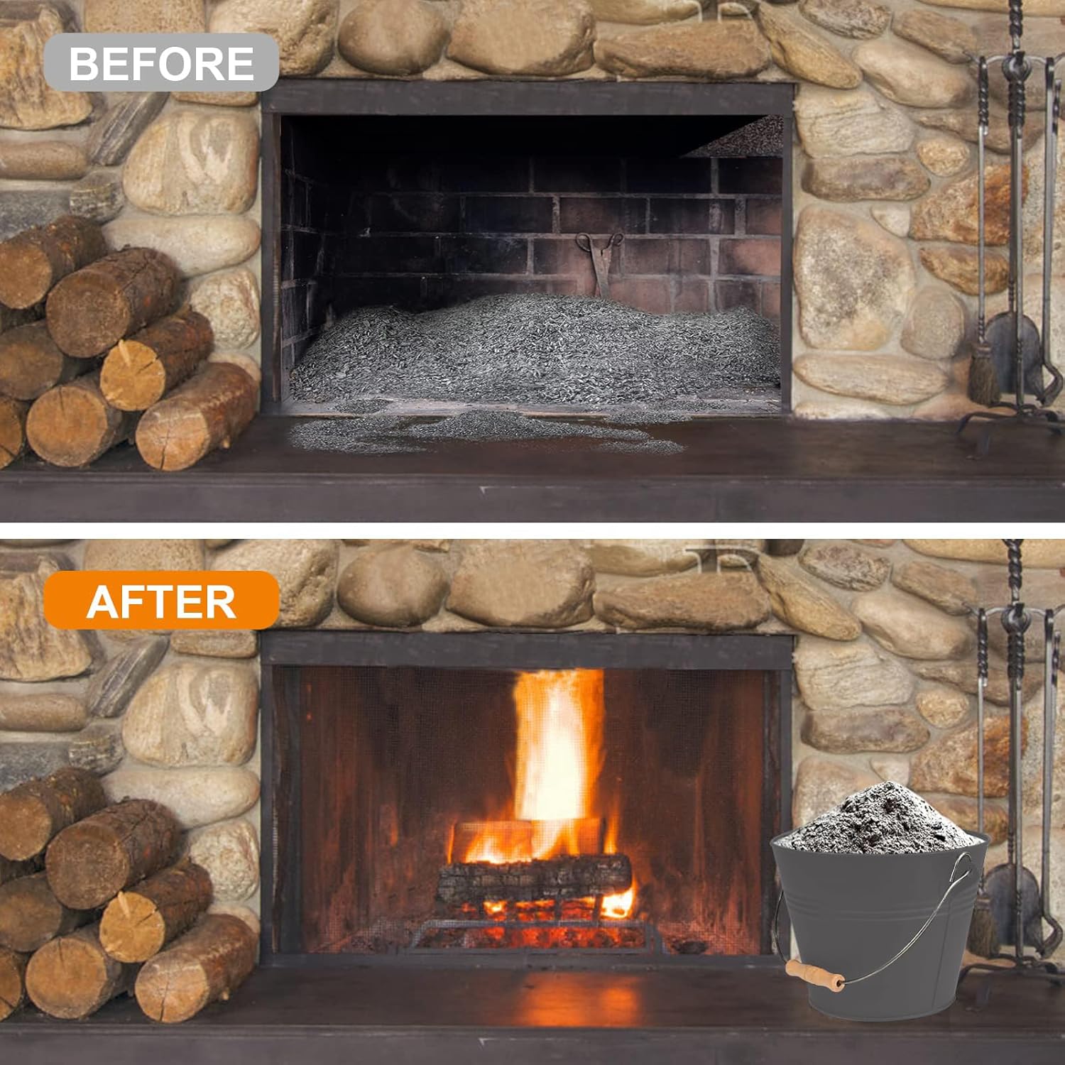 Ash Bucket with Lid, 1.3 Gallon Ash Bucket for Fireplace, Metal Fireplace Bucket for Ashes Includes Shovel and Hand Broom