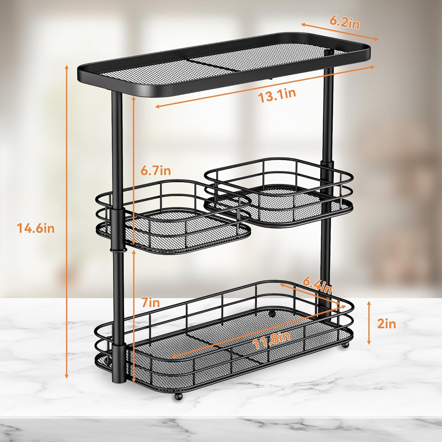 3 Tier Bathroom Organizer Countertop, Metal Wire Bathroom Counter Vanity Organizer Storage, Mesh Bathroom Sink Kitchen Shelf Rack with 360 Rotating Basket, Black