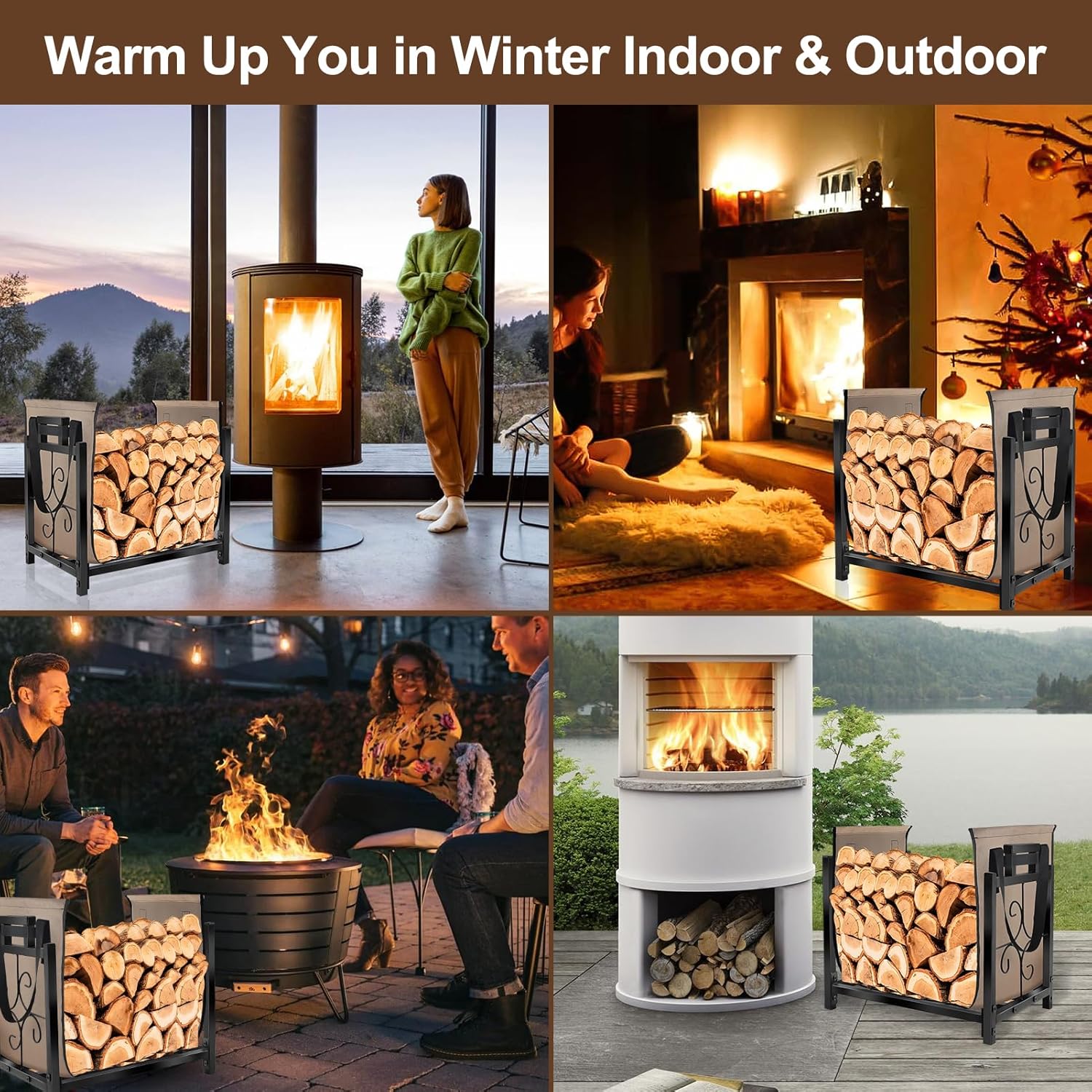 Firewood Rack Indoor Outdoor with Log Carrier Bag, Heavy Duty Metal Firewood Log Holder with Handle Rustproof Fire Wood Storage Racks