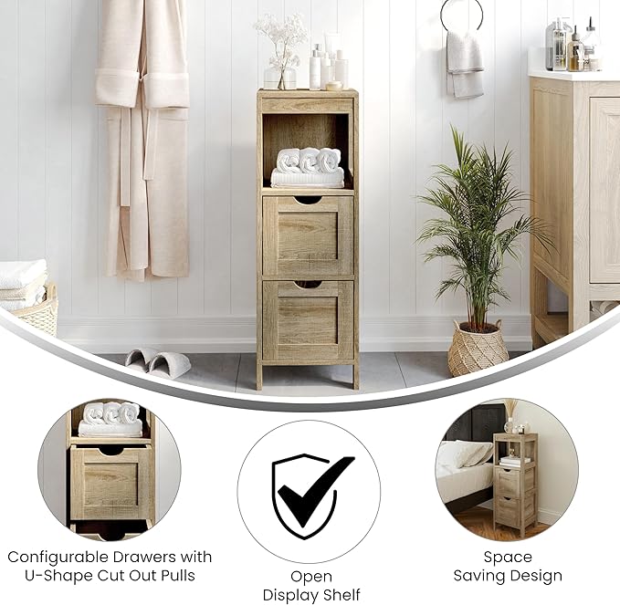 Farmhouse Bathroom Storage Organizer with Two Removable Drawers and Open Display Shelf, Set of 1, Brown