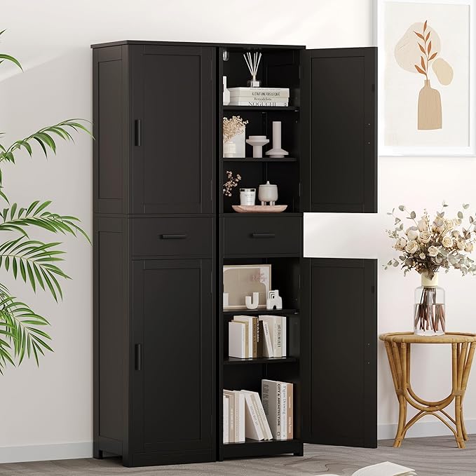 67" Tall Bathroom Floor Cabinet with 2 Door & Drawers, Narrow Storage Cabinet with Adjustable Shelves, Wooden Freestanding Cabinet for Bathroom