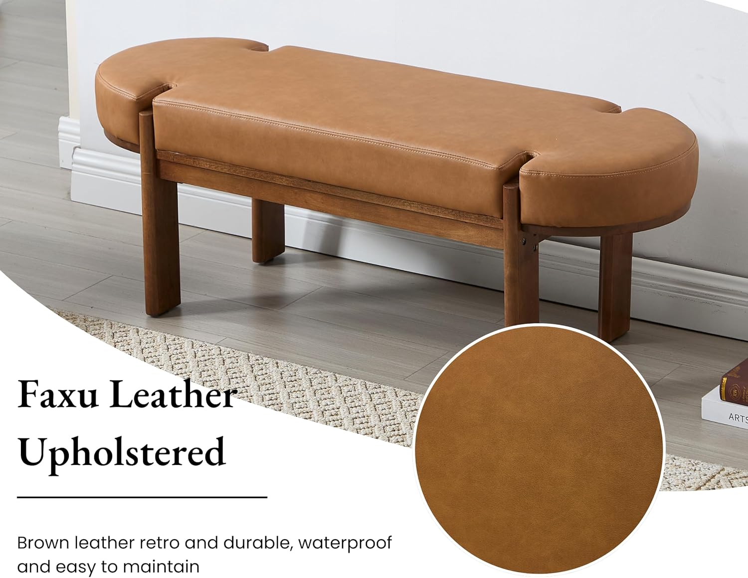 49 Inch Modern Bedroom Bench Upholstered End of Bed Bench Wood Entryway Bench with Fabric Padded Seat and Wooden Legs Window Bench