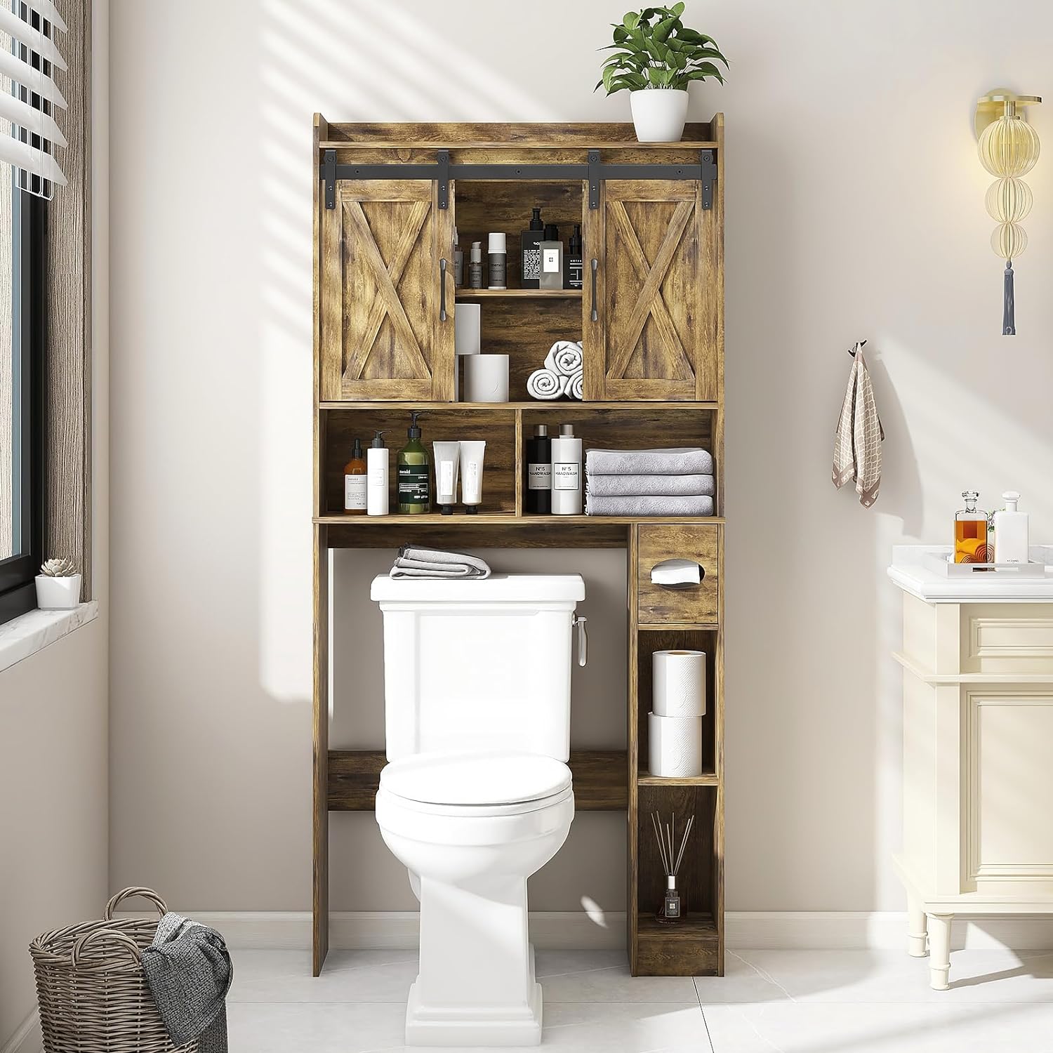 Over The Toilet Storage Cabinet, Farmhouse Storage Cabinet Over Toilet with Sliding Doors & Toilet Paper Holder Stand