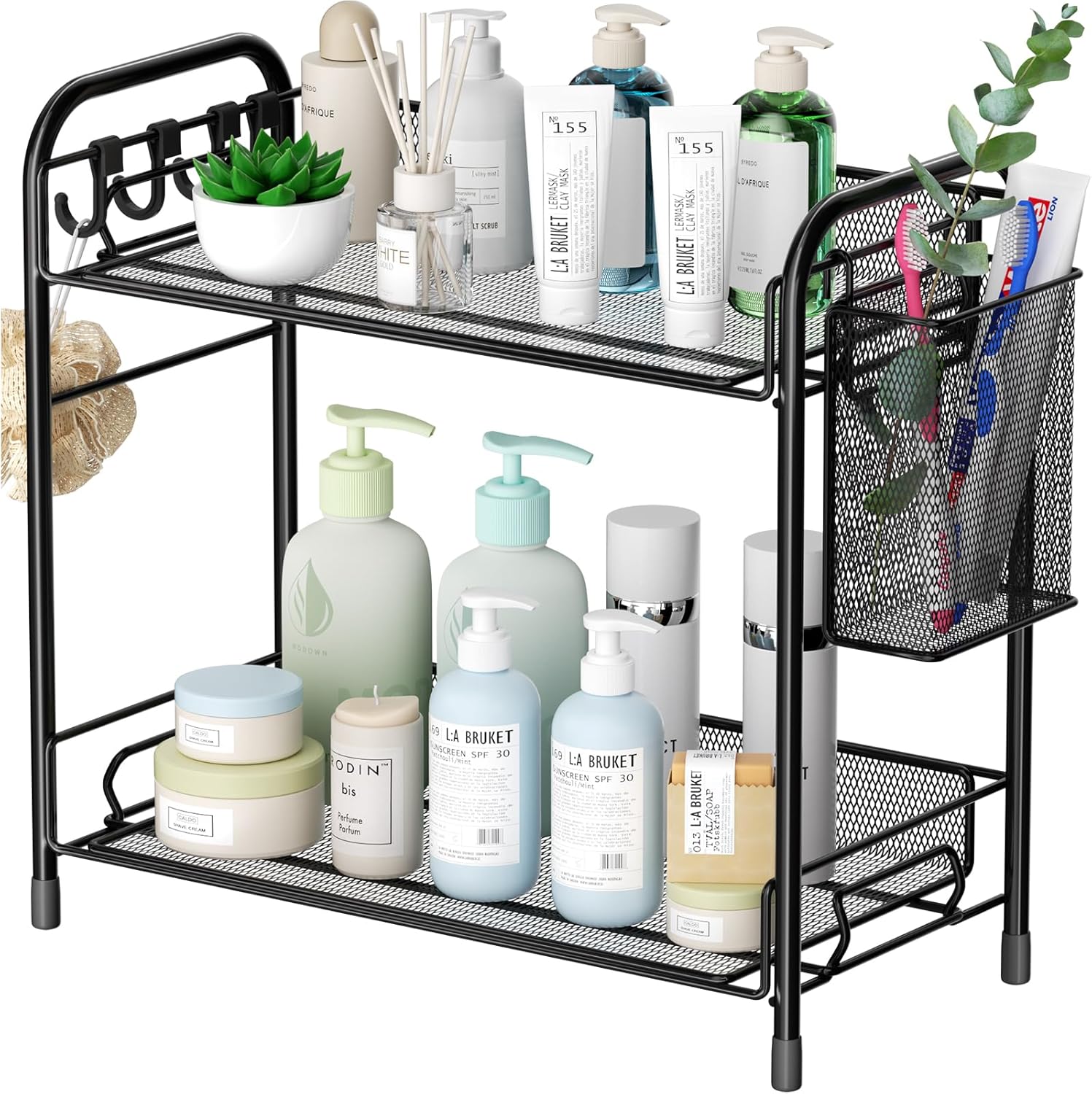 Mesh Bathroom Organizer Countertop, 2-Tier Metal Bathroom Counter Organizer and Storage, Vanity Organizer Sink Shelf Kitchen Spice Rack with Basket and Hooks, Black