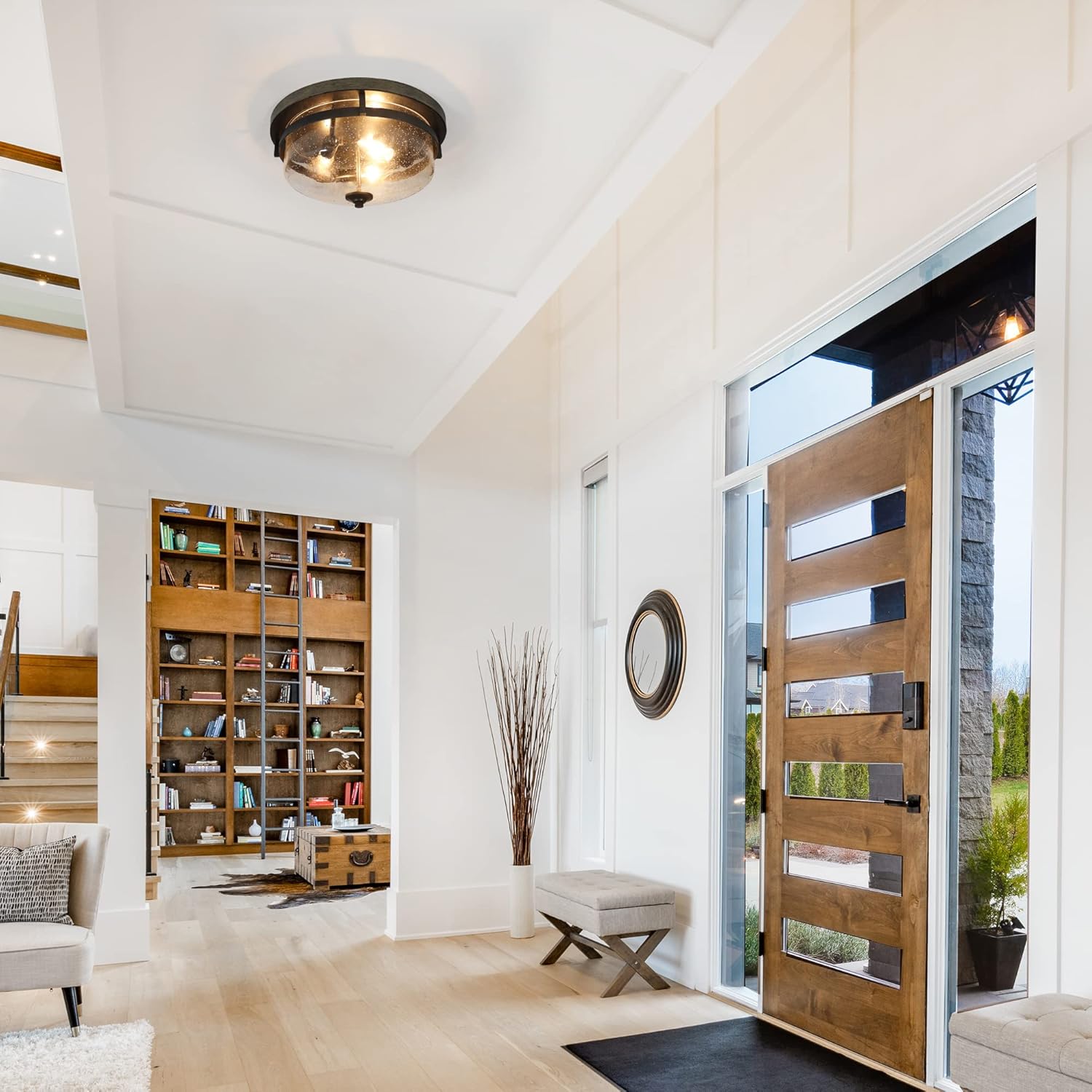 Flush Mount Ceiling Light, Farmhouse Light Fixtures Ceiling with Faux Wood Finish and Seeded Glass Cover