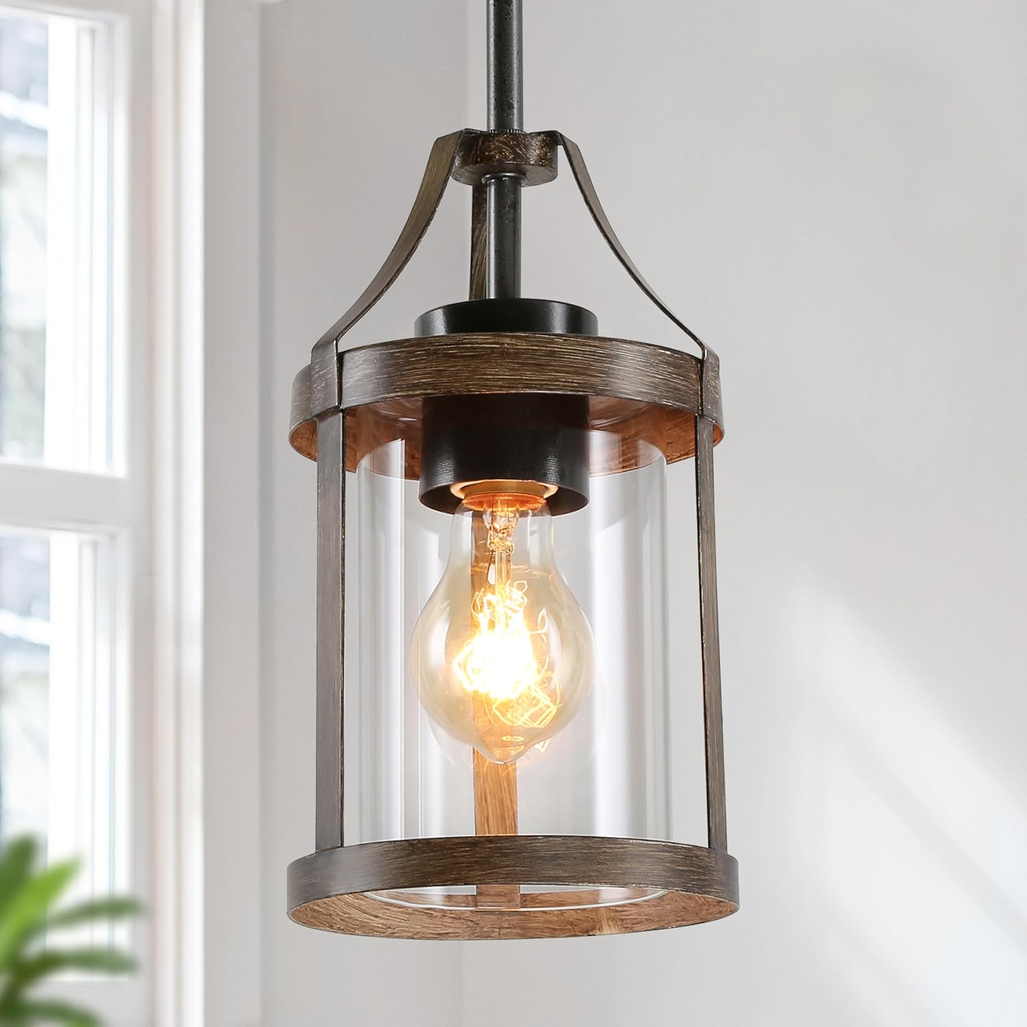 Pendant Lighting for Kitchen Island, Farmhouse Mini Chandelier in Faux Wood Metal with Bubbled Glass Shade