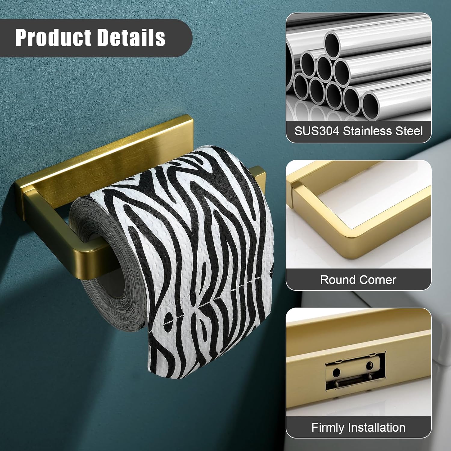 Toilet Paper Holder Brushed Gold, Bathroom Toilet Roll Holder, Stainless Steel Square Tissue Holder Rack Wall Mounted for Kitchen Washroom