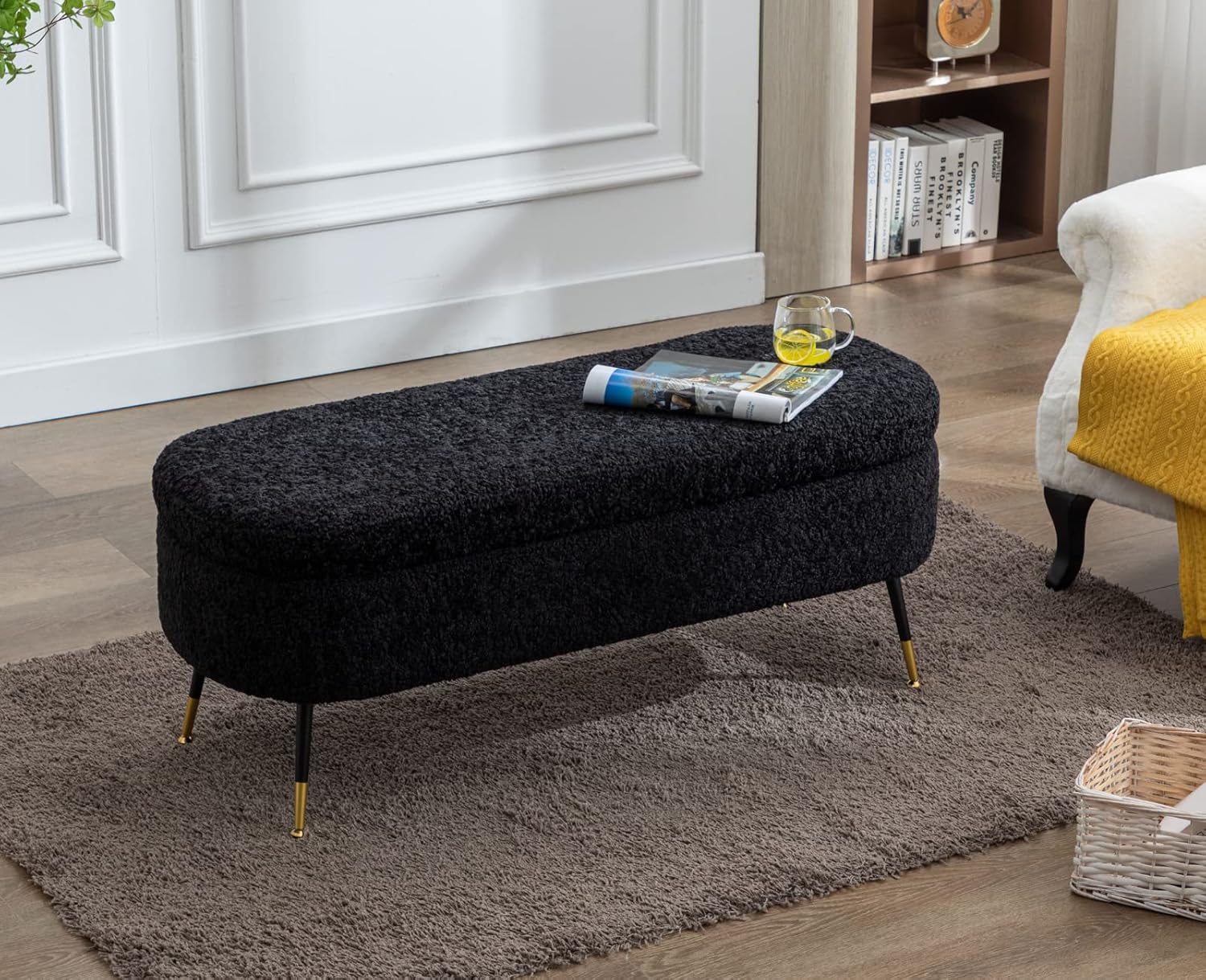 Modern Storage Bench for Bedroom End of Bed Lambswool Ottoman Bench with Metal Legs Upholstered Bedroom Bench Faux Fur Footrest Stool for Entryway/Living Room (Black)
