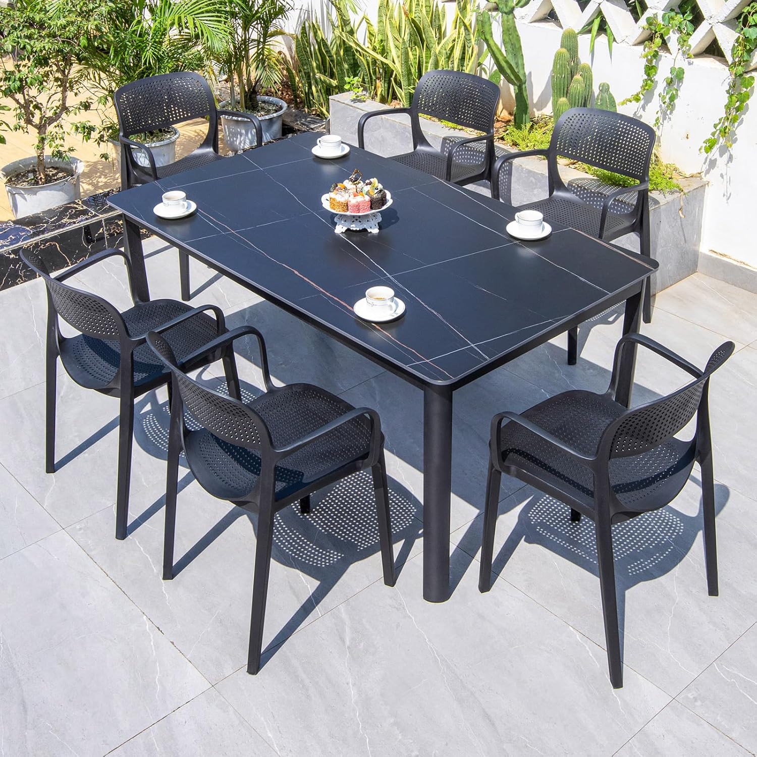 Patio Dining Set Outdoor Furniture Set Aluminum Frame Slate Table and PVC Chairs Outdoor Table and Chairs Set for Outsides