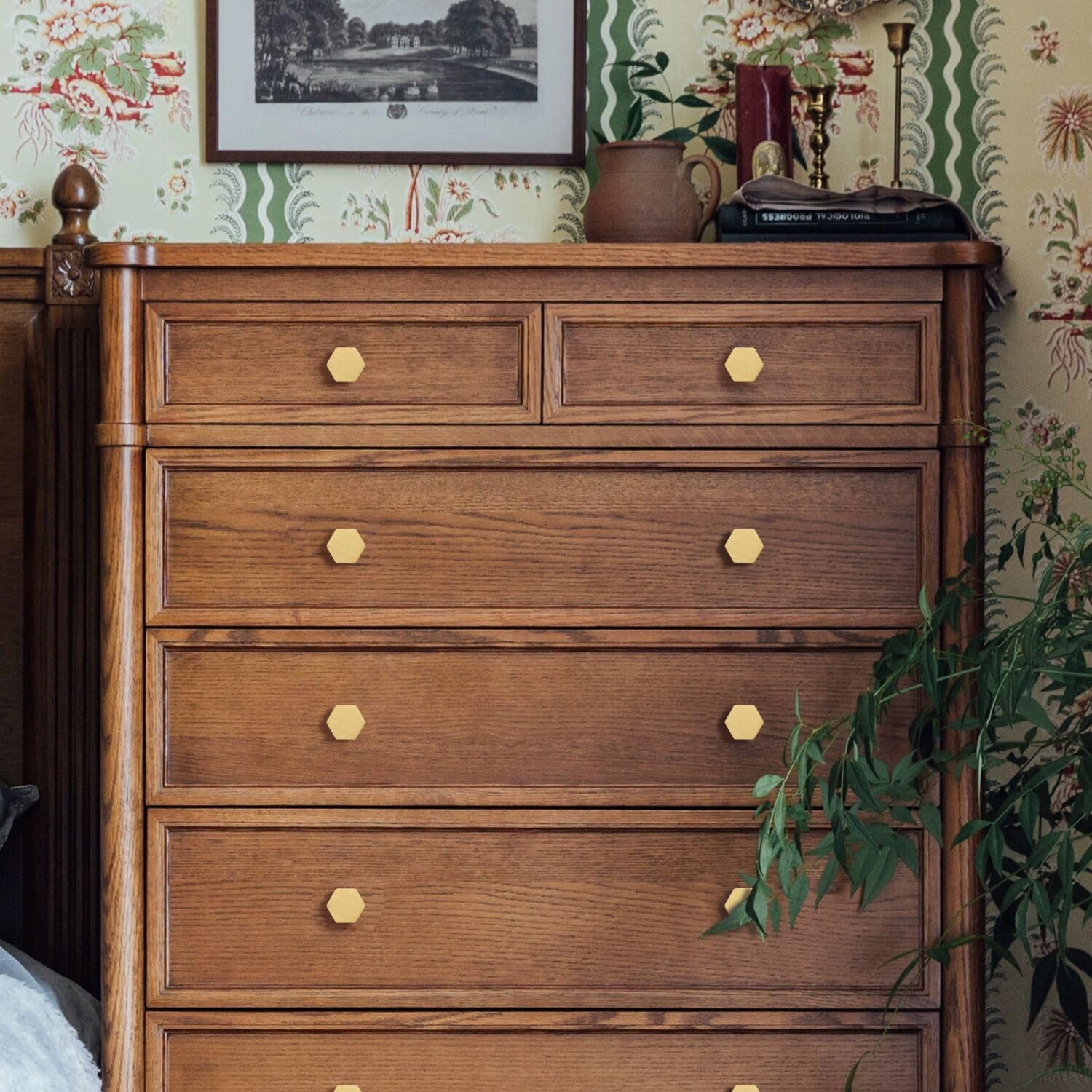 1-1/10" Solid Brass Knobs Shoe Cabinets Knob and Pulls Brushed Gold Hexagon Handles for Dresser Drawer (8Pcs)