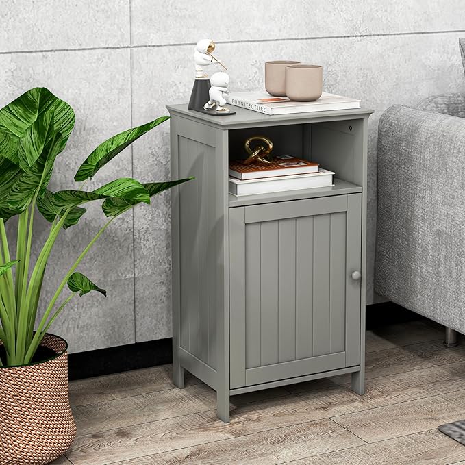 Bathroom Storage Cabinet, Freestanding Wooden Bathroom Floor Cabinet with Door, Open Shelf