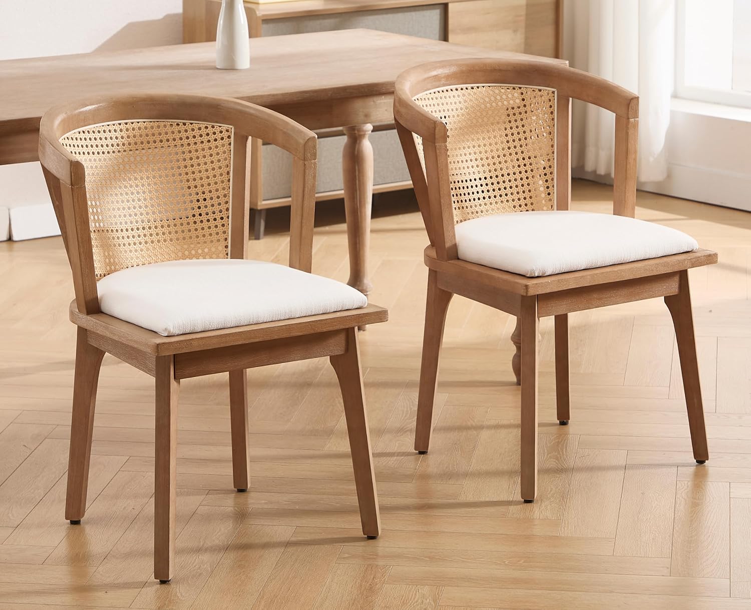 Modern Farmhouse Wooden Dining Room Chairs with Cane Curved Back Leather Upholstered Comfortable Kitchen Side Chairs for Restaurant
