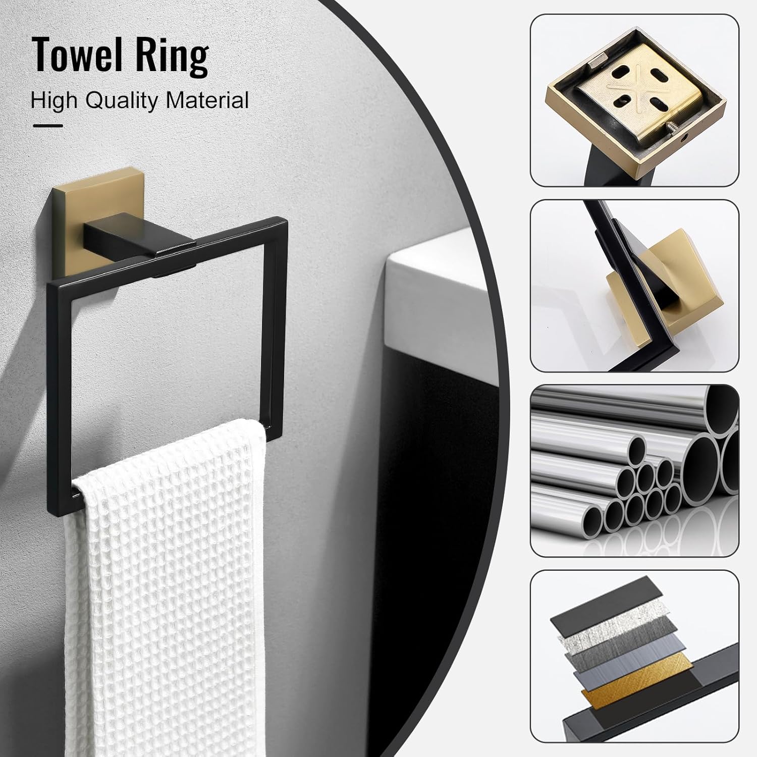 Towel Holder Bathroom Towel Ring, Black & Gold Hand Towel Bar, Stainless Steel Towel Rack Wall Mounted, Square Towel Hanger for Kitchen Lavatory