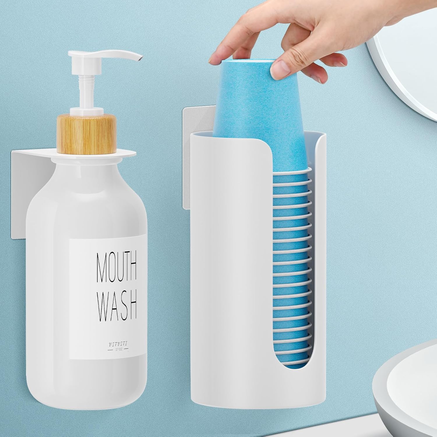 Mouthwash Dispenser for Bathroom, Mouth Wash Dispenser Wall Mounted with Cup Holder, 17OZ Refillable Mouthwash Pump Container, Plastic/Bamboo/Metal, White