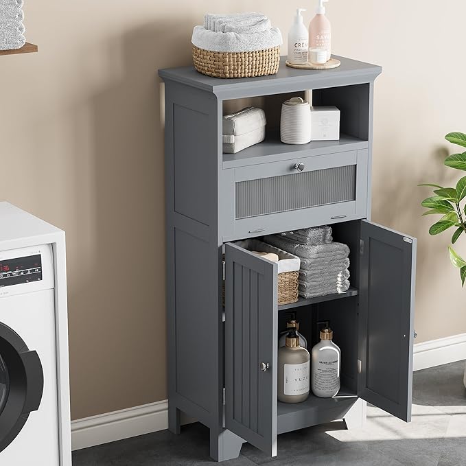 Bathroom Floor Storage Cabinet with Flip Glass Drawer, Bathroom Cabinets Freestanding with 2 Doors Adjustable Shelf & 1 Open Storage