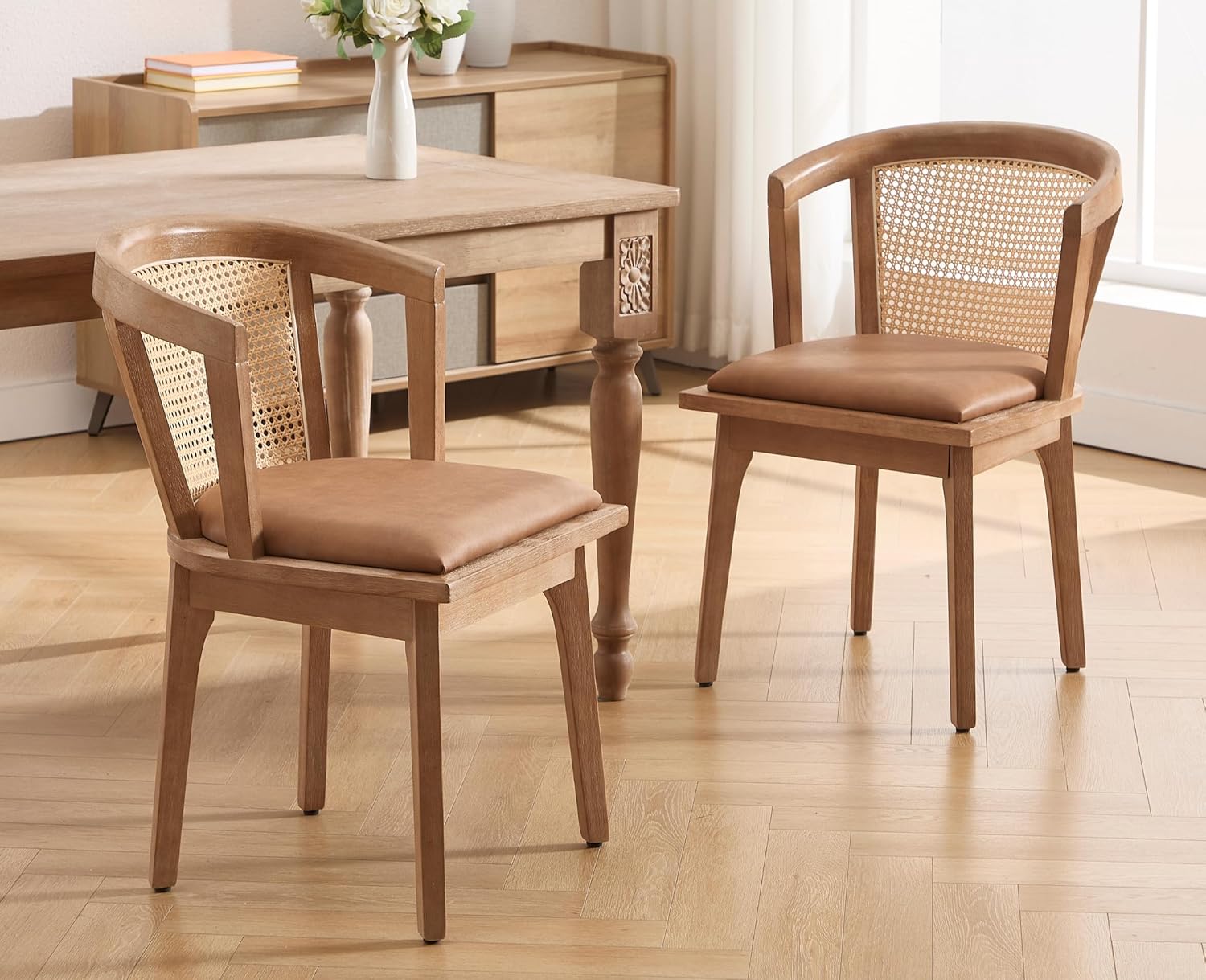 Modern Farmhouse Wooden Dining Room Chairs with Cane Curved Back Leather Upholstered Comfortable Kitchen Side Chairs for Restaurant