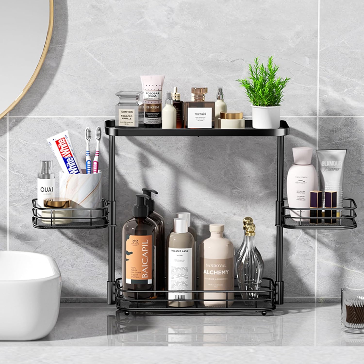 3 Tier Bathroom Organizer Countertop, Metal Wire Bathroom Counter Vanity Organizer Storage, Mesh Bathroom Sink Kitchen Shelf Rack with 360 Rotating Basket, Black