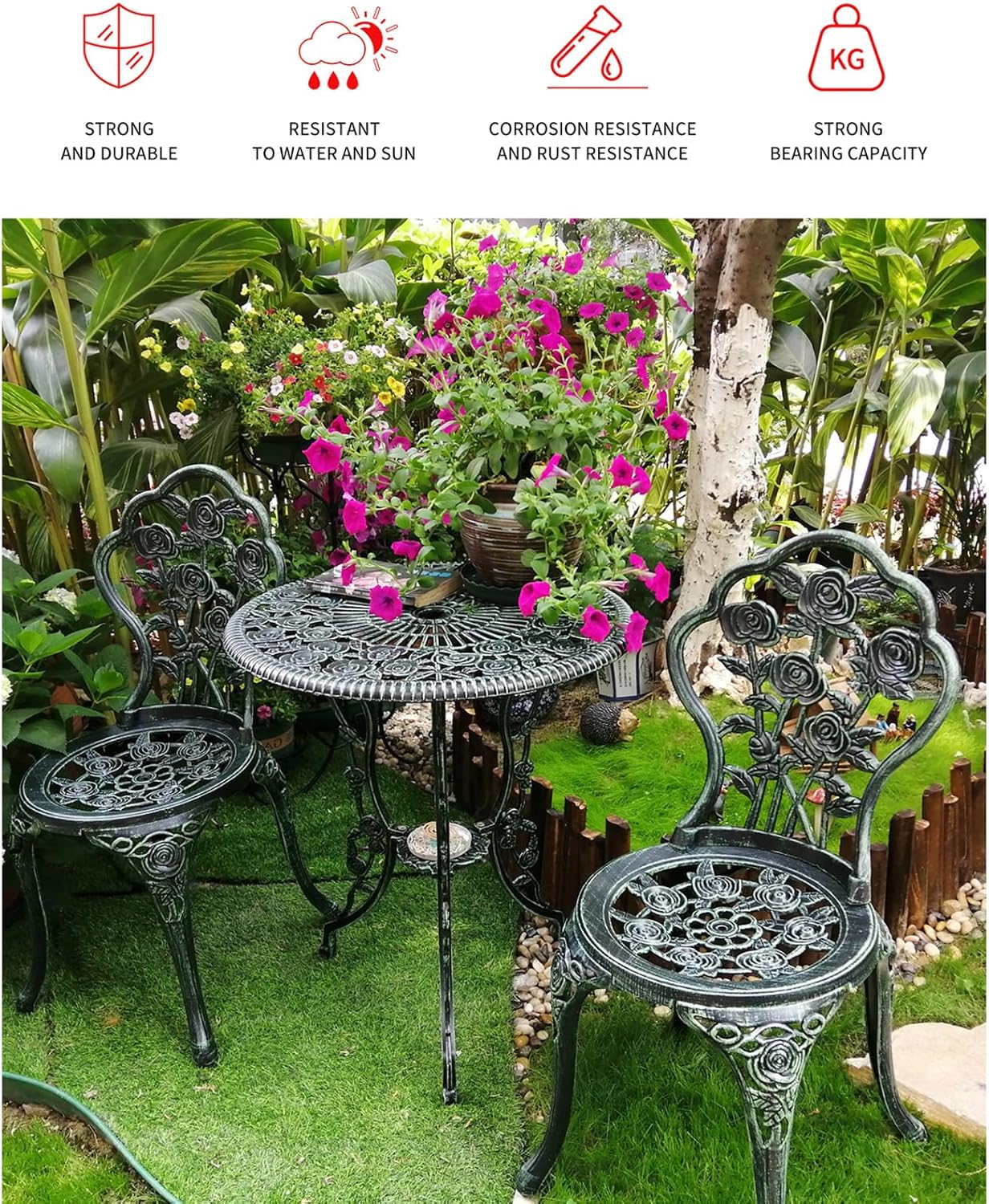 3-Piece Outdoor Patio Bistro Set Rose Design Rust-Resistant Cast Aluminum Table and Chairs with Umbrella Hole